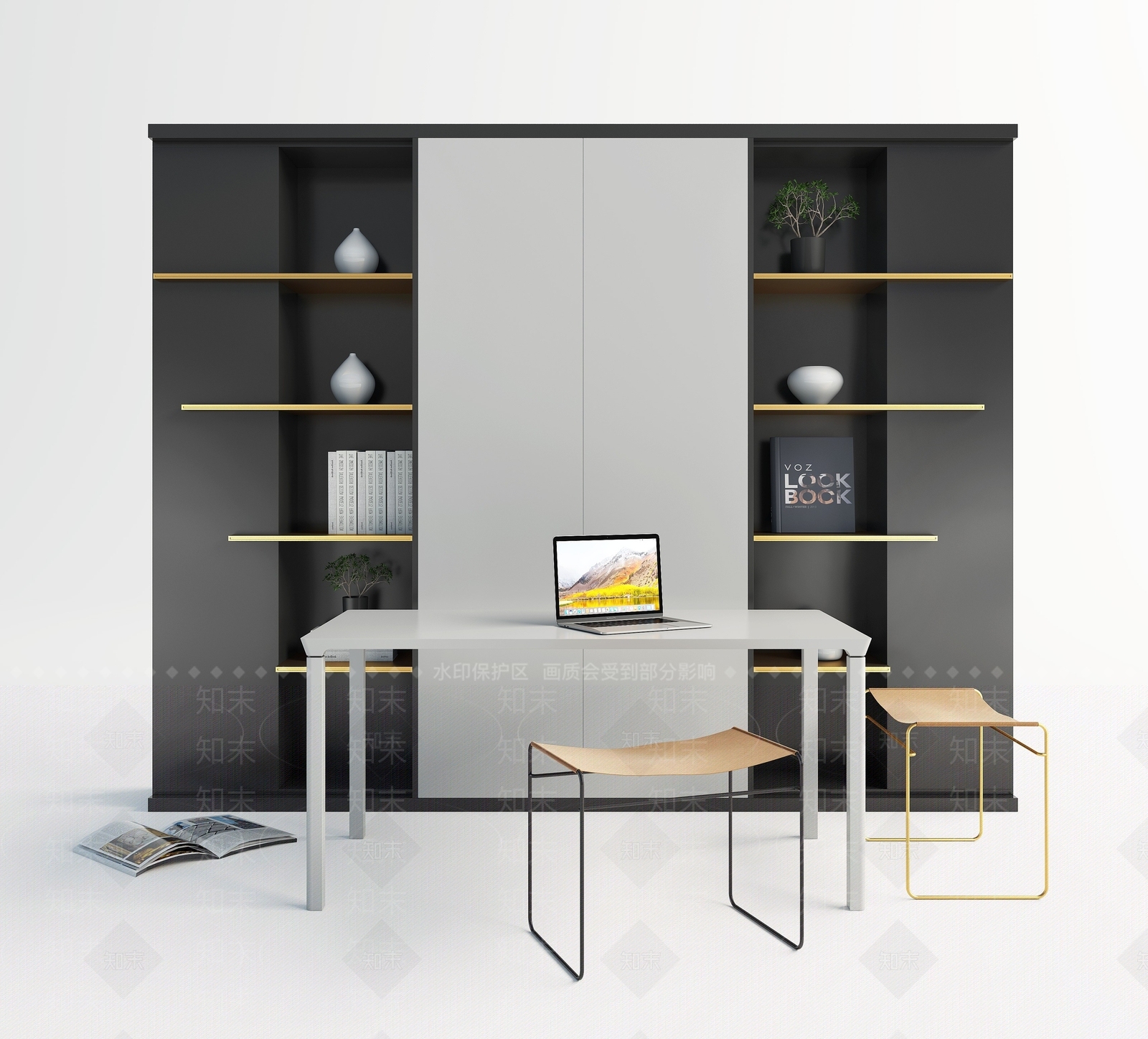 现代书柜书桌3D模型下载【ID:1193299200】