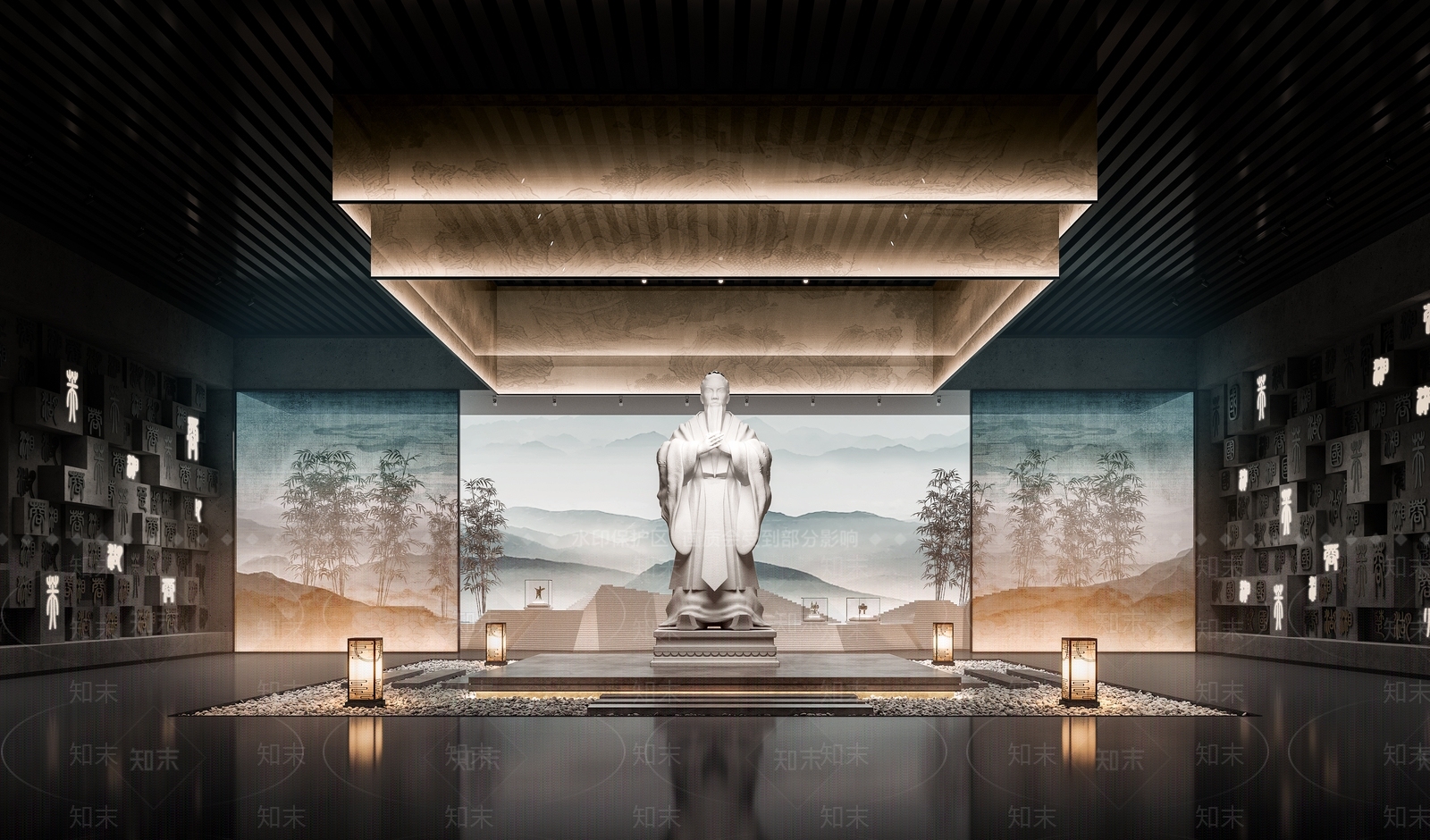 中式博物馆展厅3D模型渲染效果图