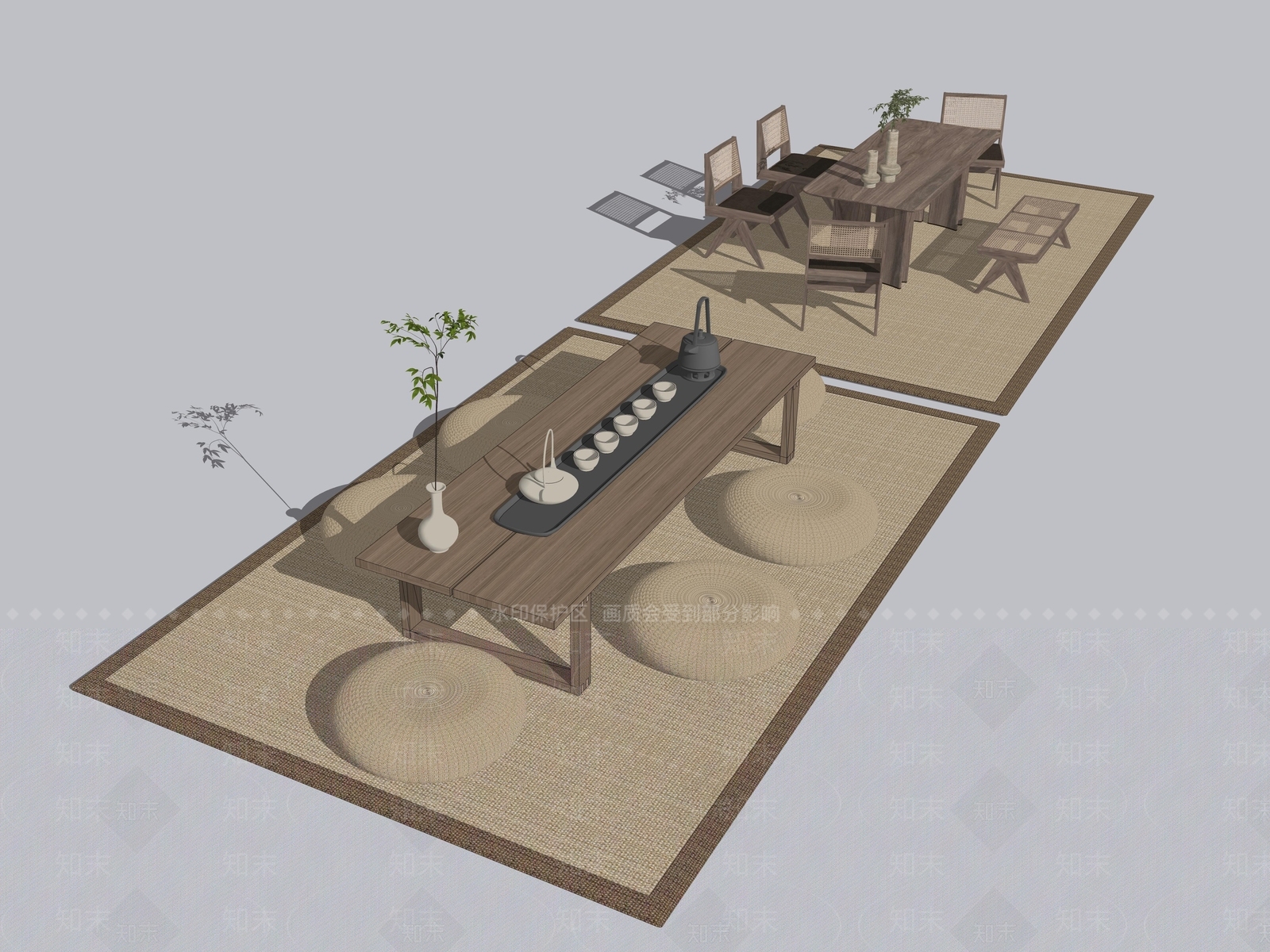 新中式日式茶桌椅SU模型下载【ID:1193360901】