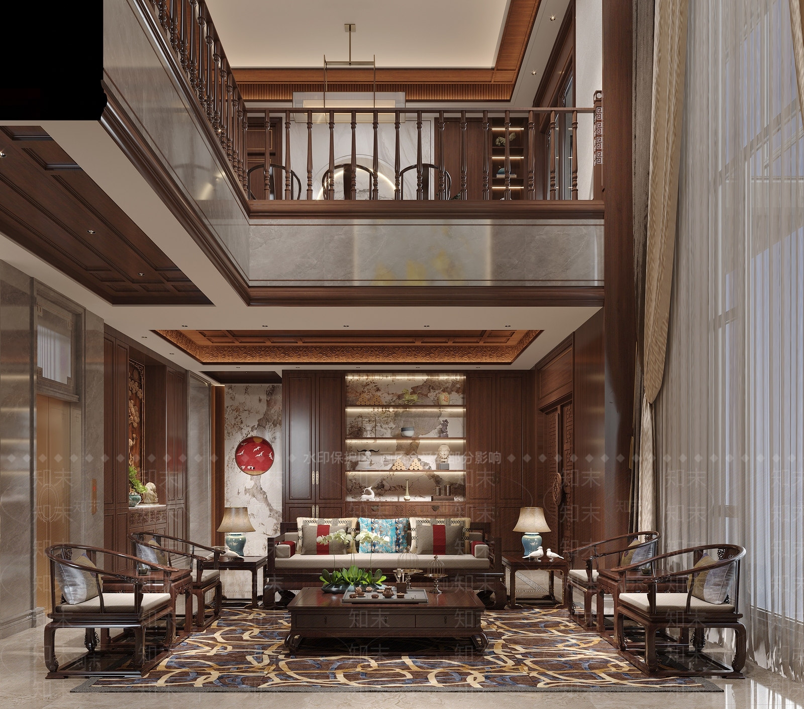 中式新中式别墅客厅3D模型下载【ID:1193392536】