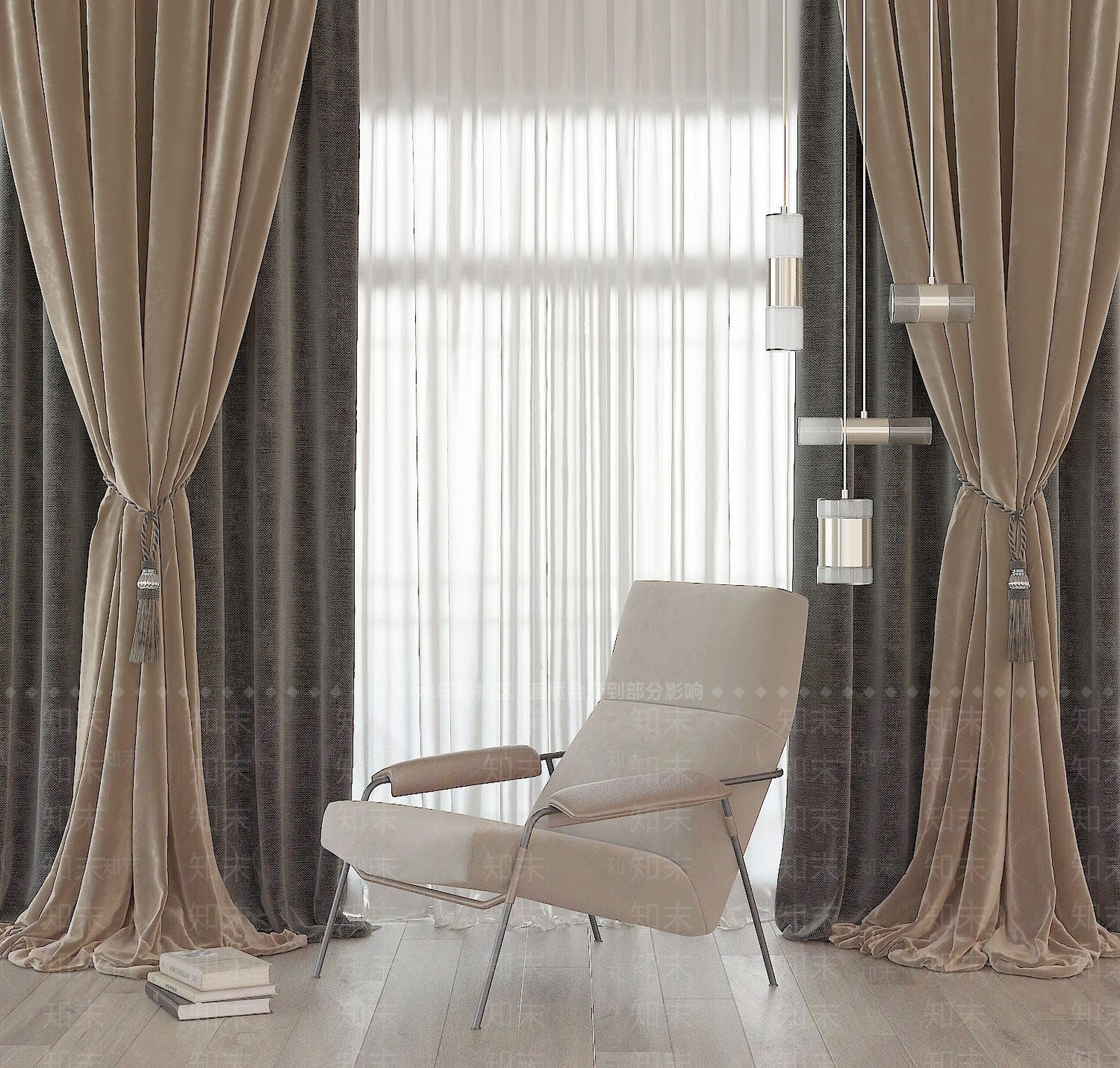 现代高级灰单人沙发椅布艺窗帘3D模型下载【ID:1193417892】