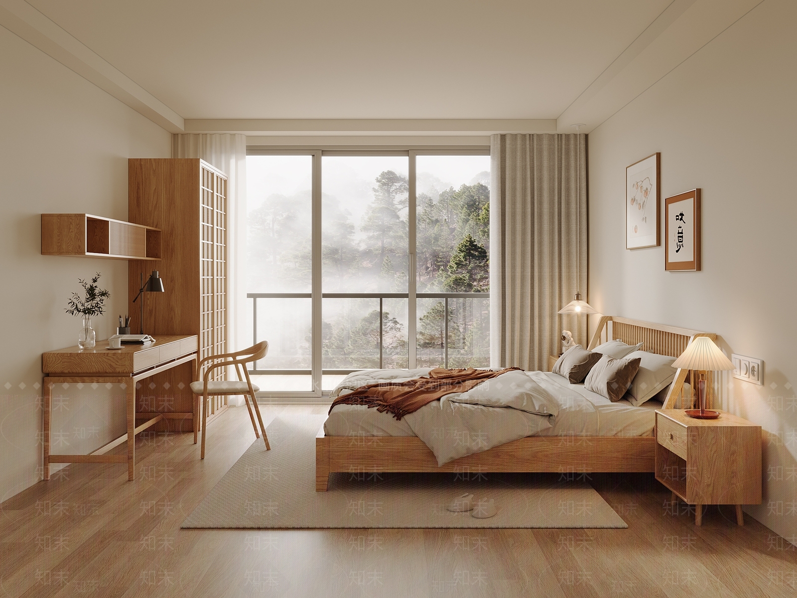 原木北欧家居卧室3D模型下载【ID:1193462070】