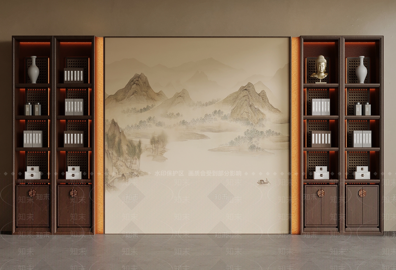 新中式书柜3D模型下载【ID:1193478354】