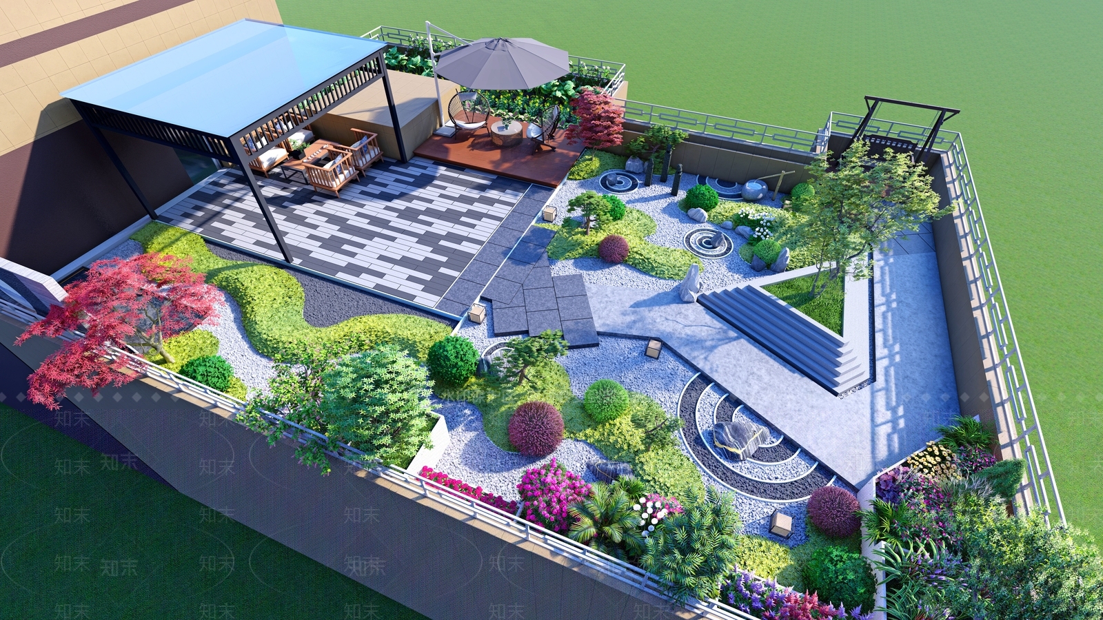 新中式现代屋顶花园SU模型下载【ID:1193508939】