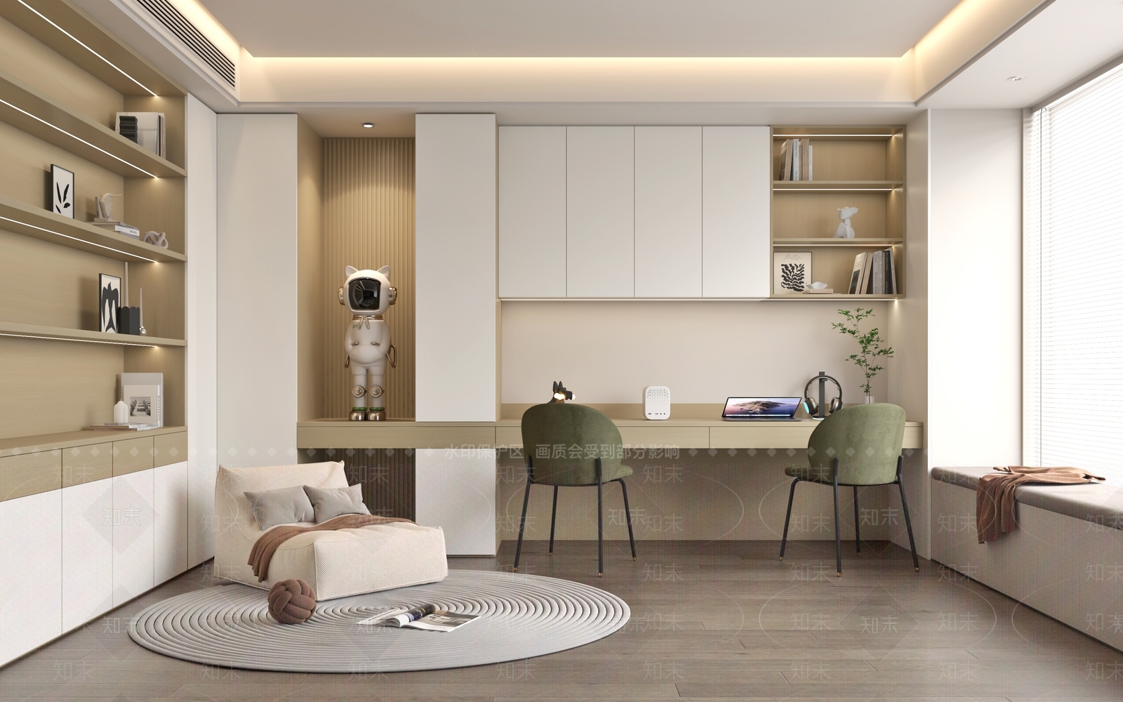 现代奶油书房3D模型下载【ID:1193518181】