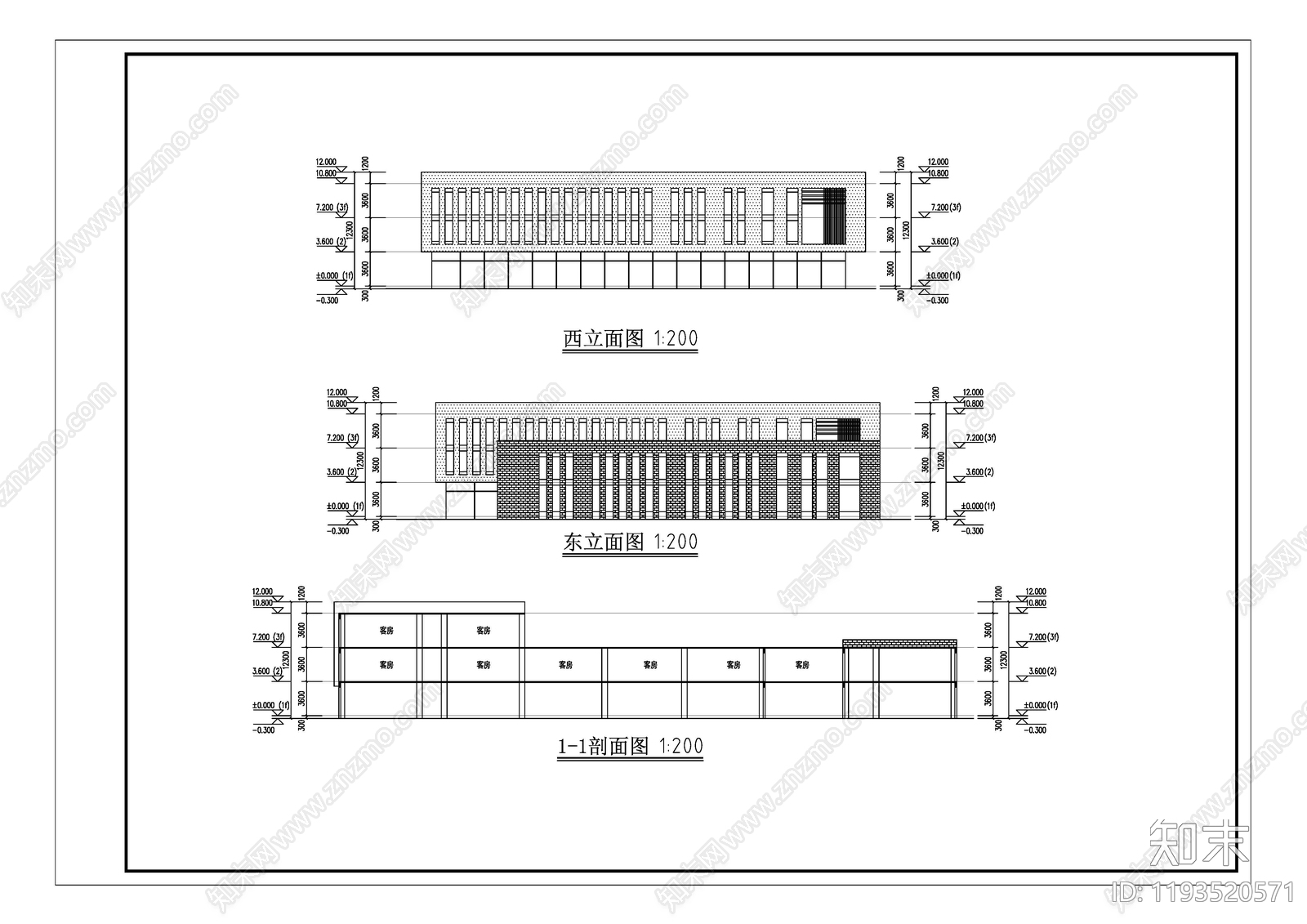 现代民宿建筑cad施工图下载【ID:1193520571】