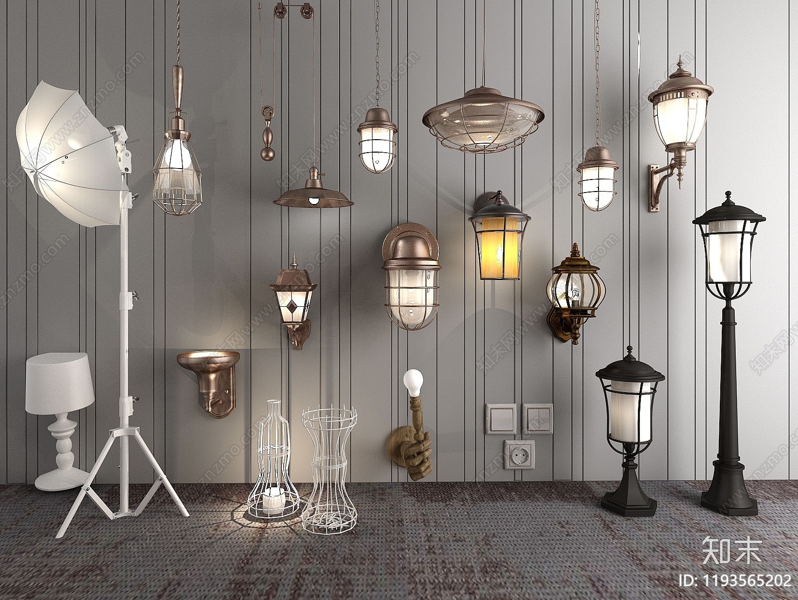 欧式古典欧式铁艺路灯壁灯吊灯组合3D模型下载【ID:1193565202】