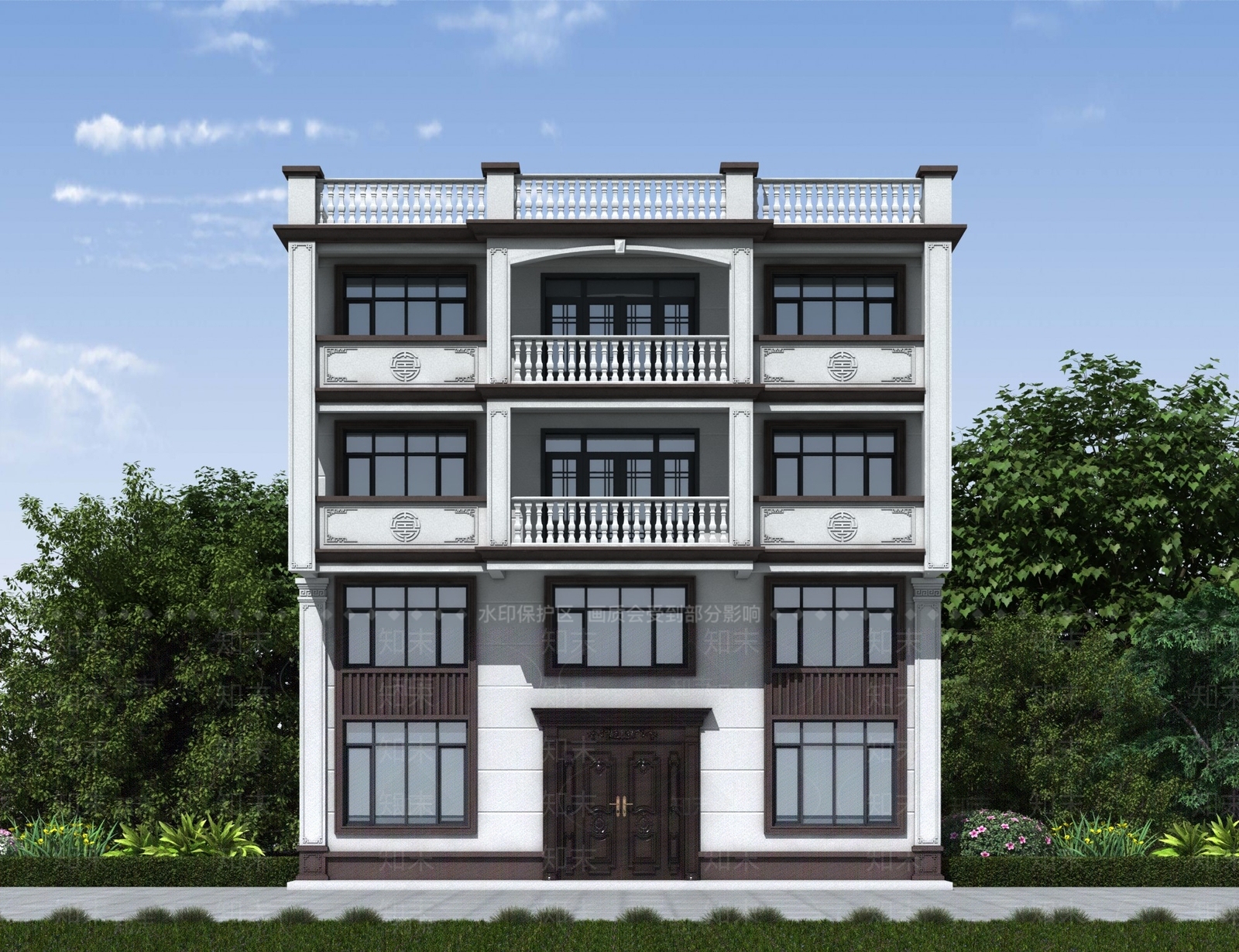 新中式别墅外观3D模型下载【ID:1193584172】