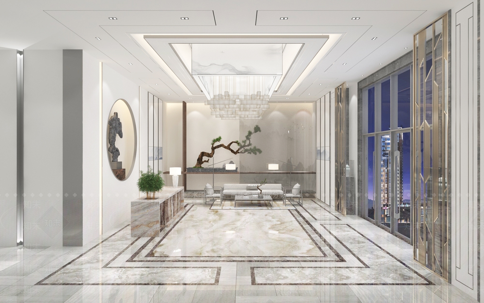 新中式办公大堂SU模型下载【ID:1193614778】