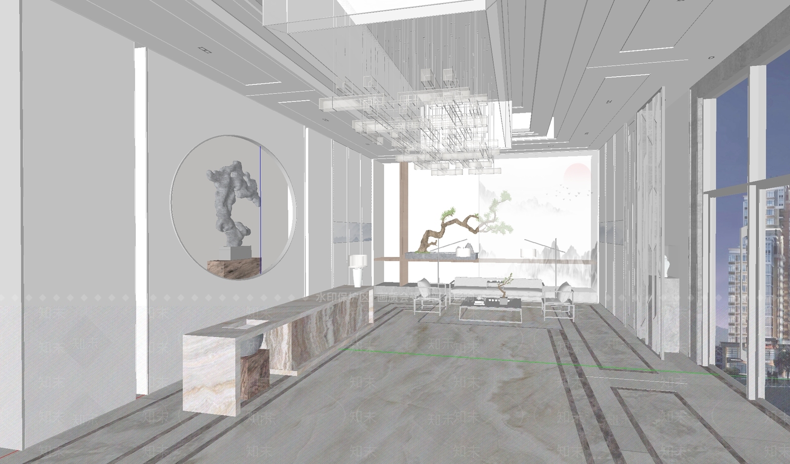 新中式办公大堂SU模型下载【ID:1193614778】