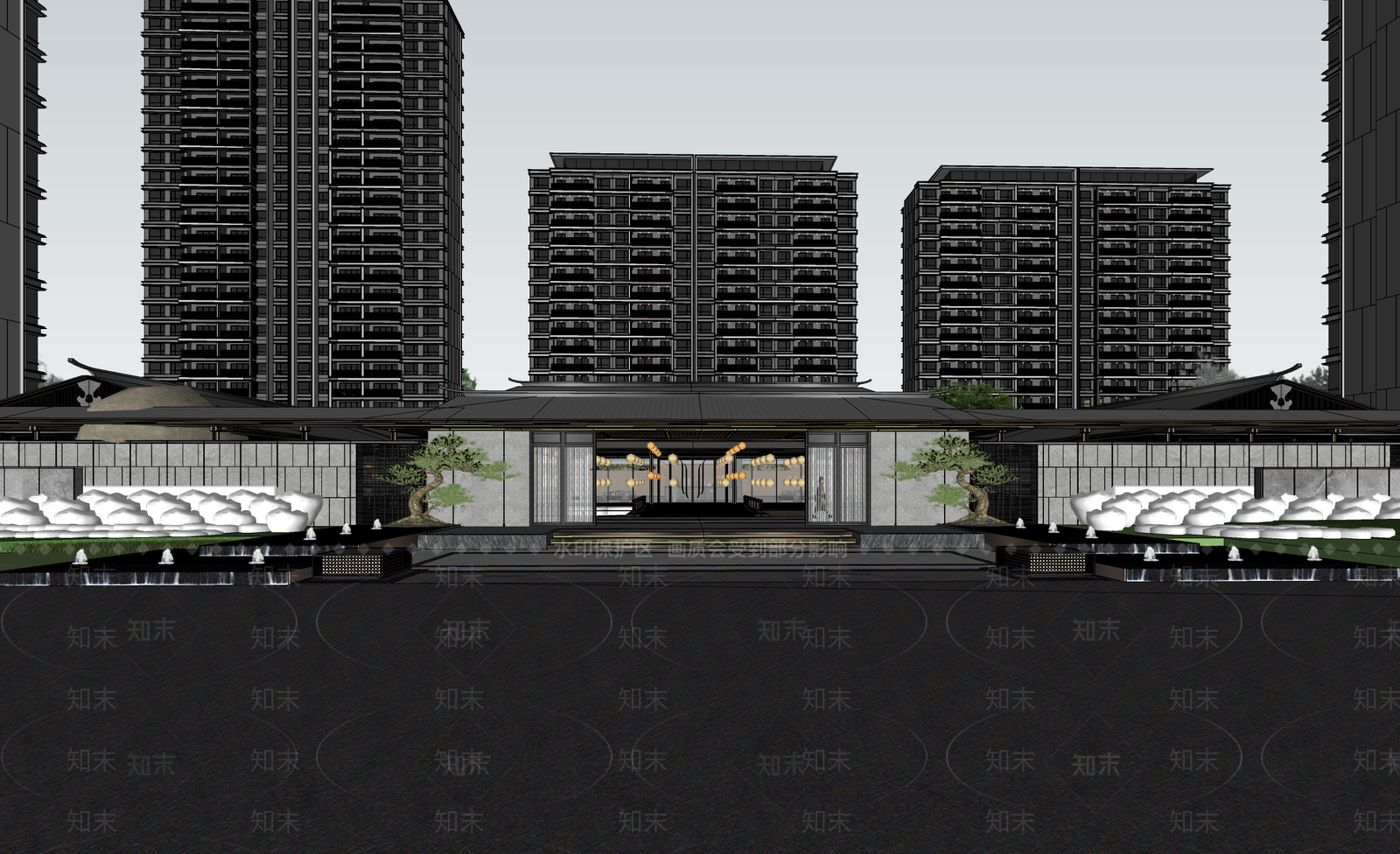 新中式中式售楼处建筑SU模型下载【ID:1193625618】