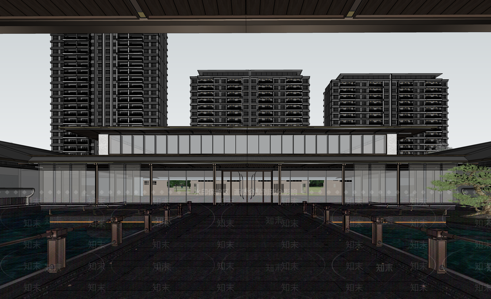 新中式中式售楼处建筑SU模型下载【ID:1193625618】