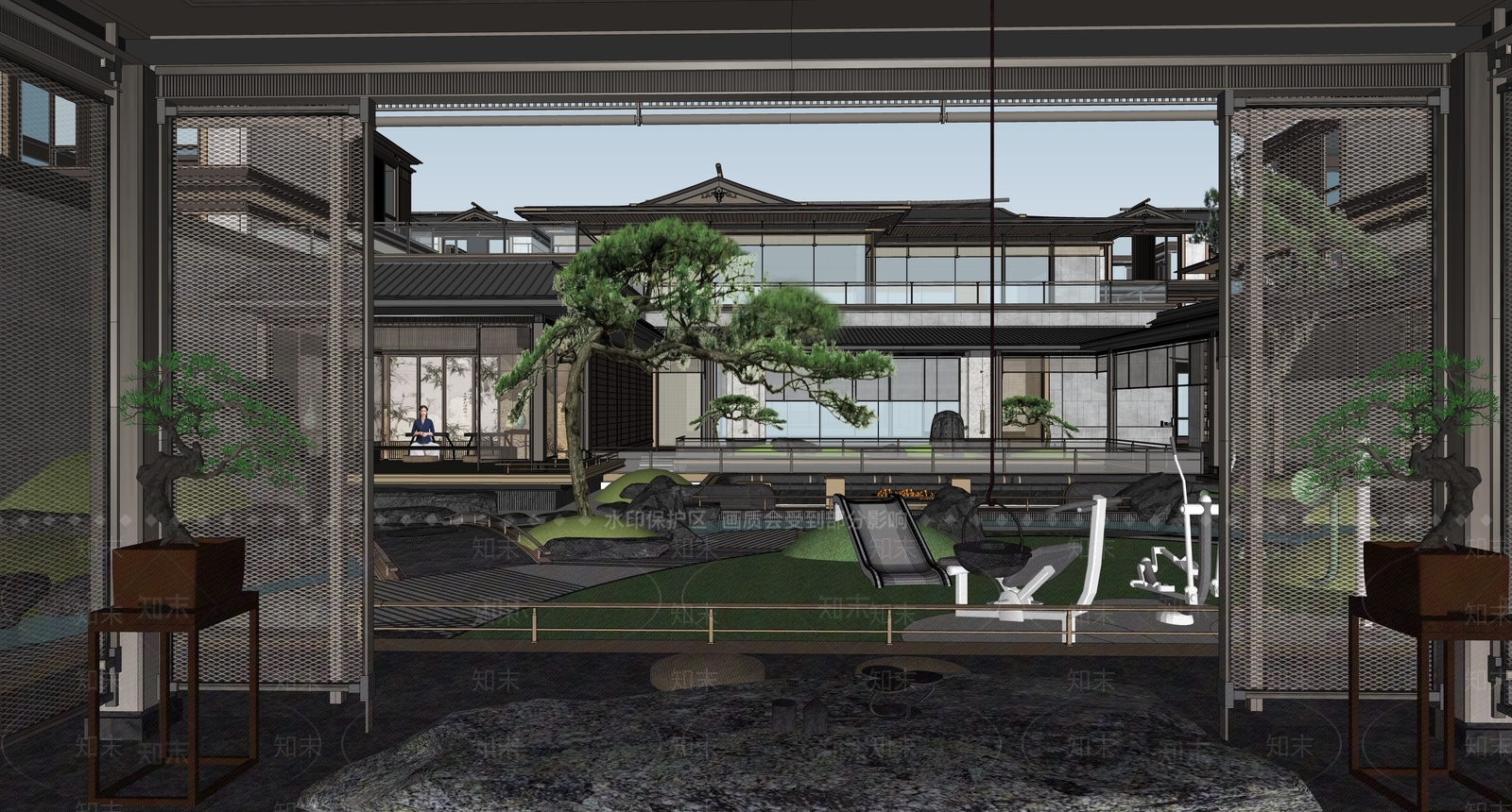 新中式小区建筑SU模型下载【ID:1193629253】