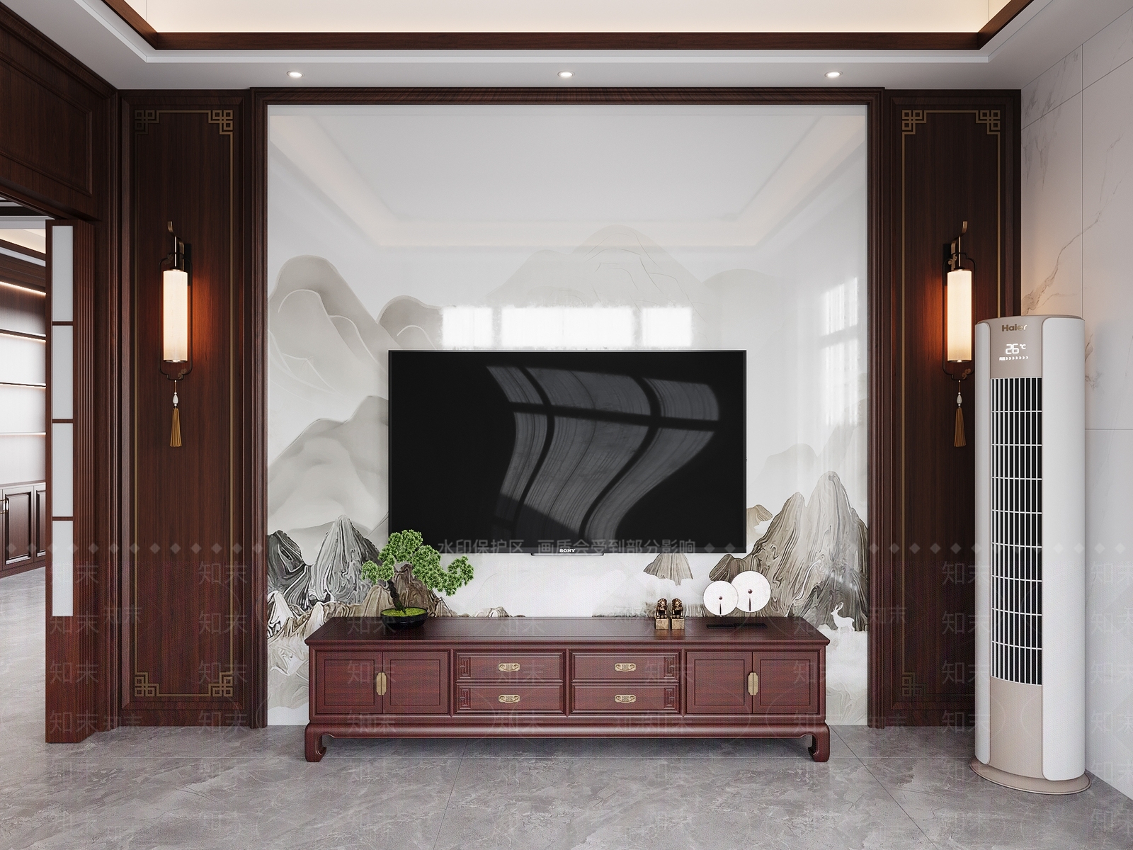 新中式电视背景墙3D模型下载【ID:1193631087】