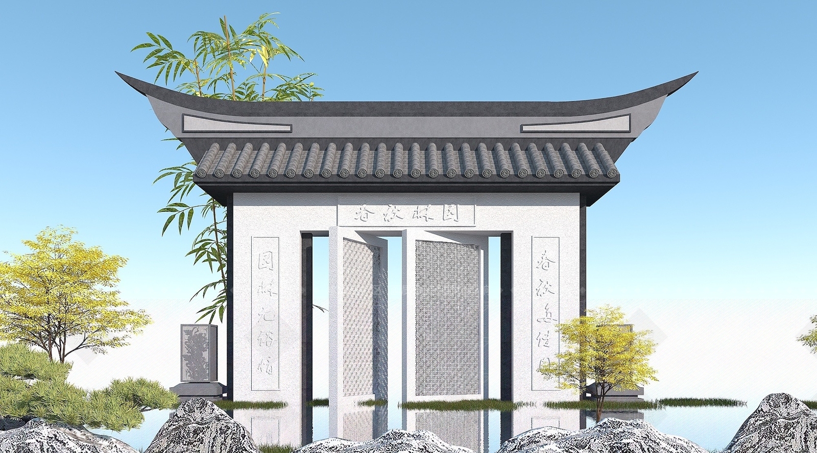 中式影壁墙3D模型下载【ID:1193661405】