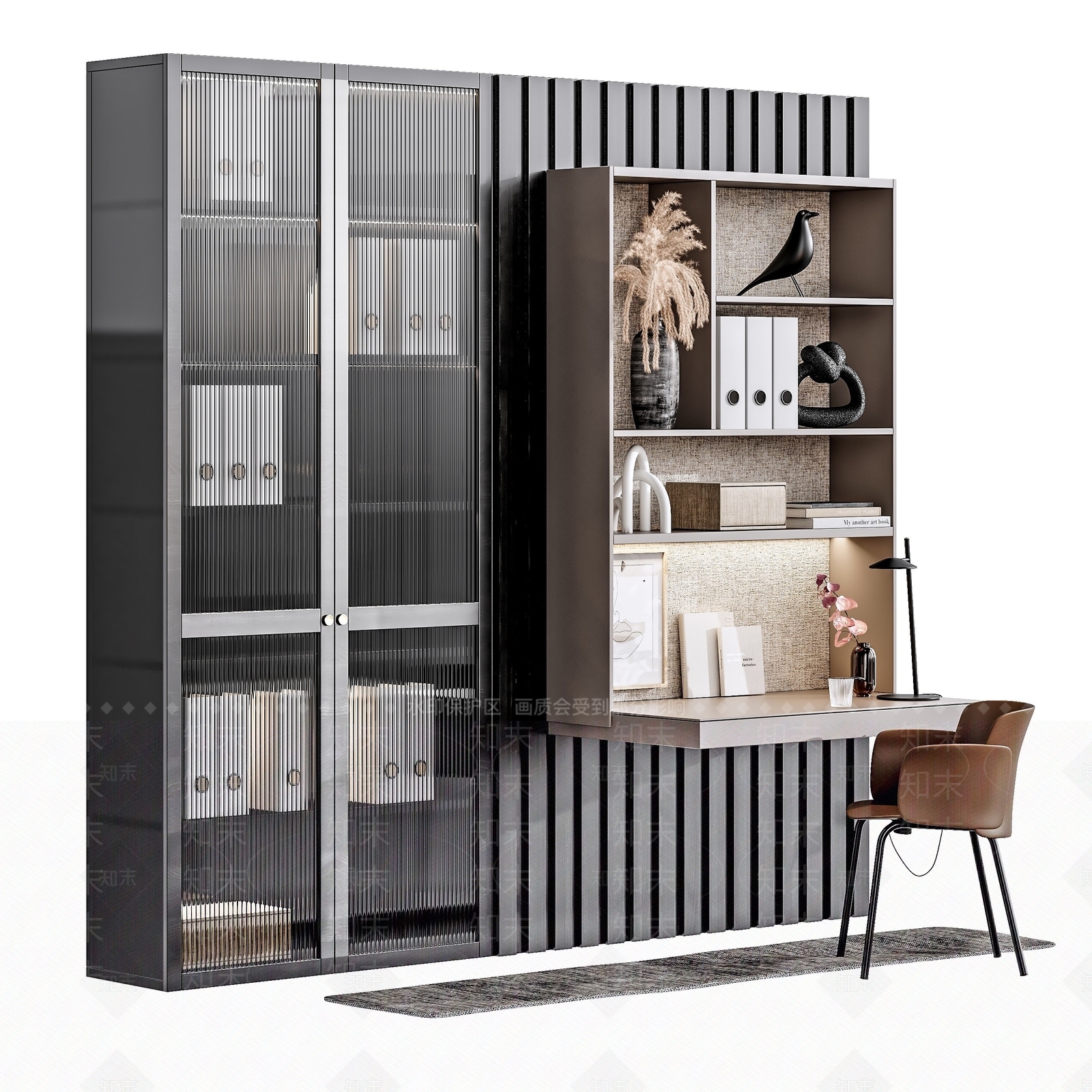 现代家庭办公桌书柜3D模型下载【ID:1193662647】