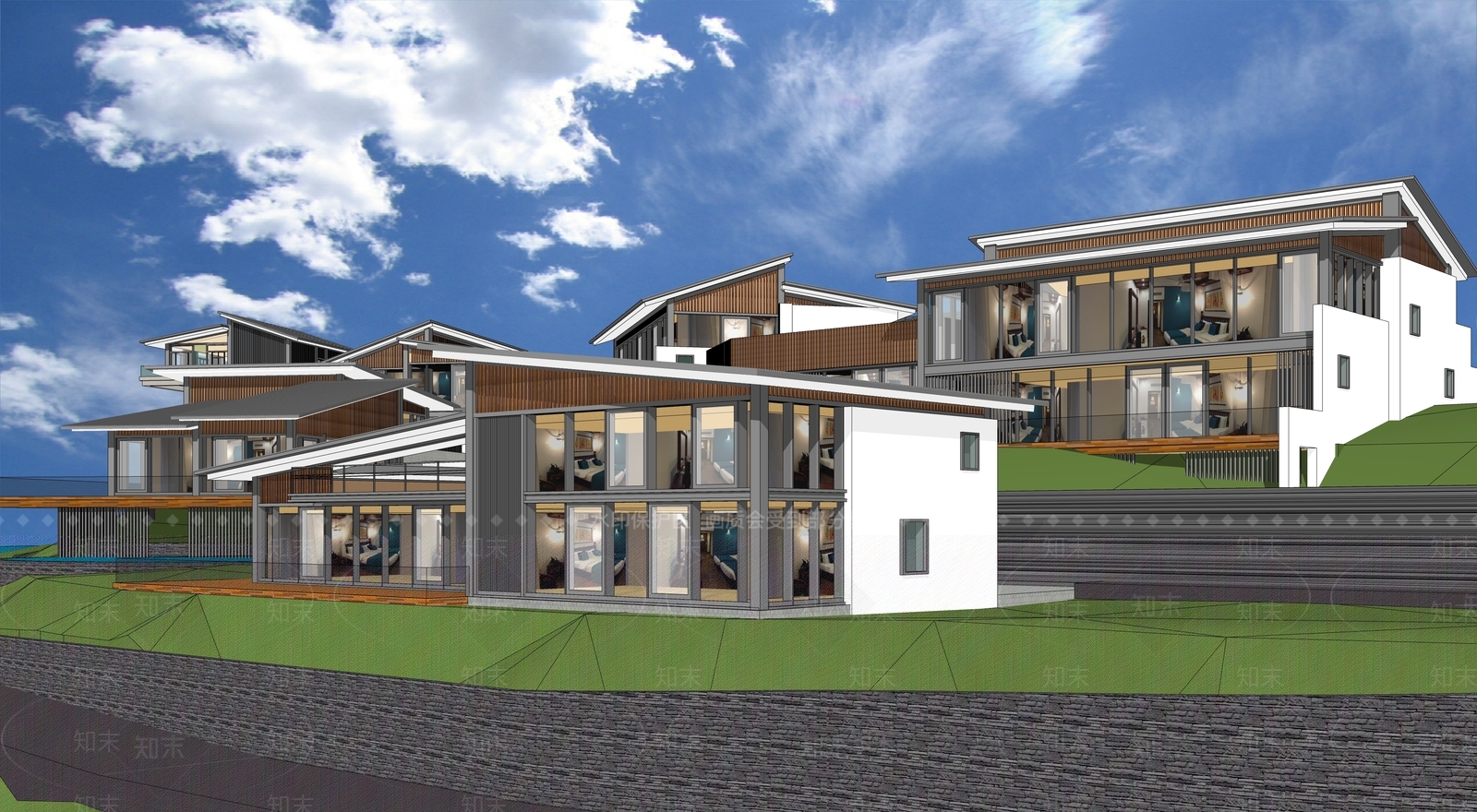 新中式中式酒店建筑SU模型下载【ID:1193674104】