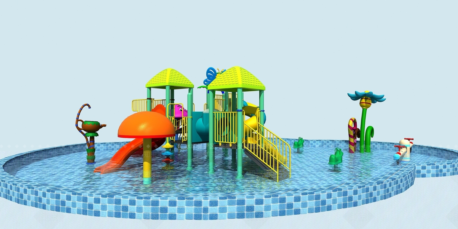 现代儿童游泳池水上乐园3D模型下载【ID:1193674197】