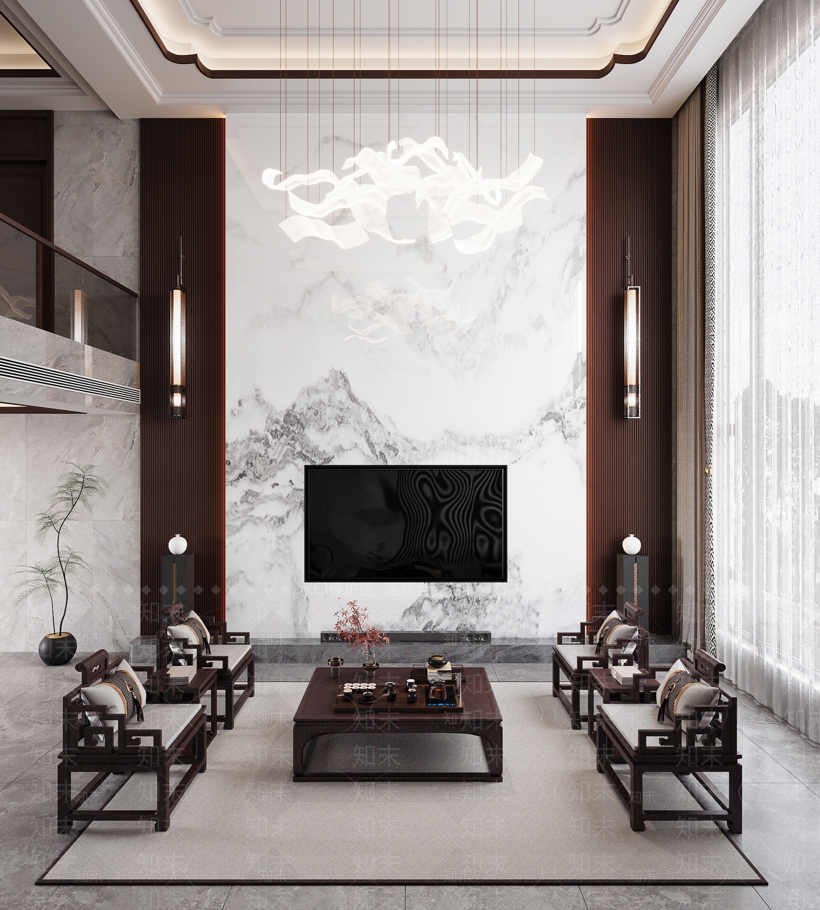 新中式别墅客厅SU模型下载【ID:1193683134】