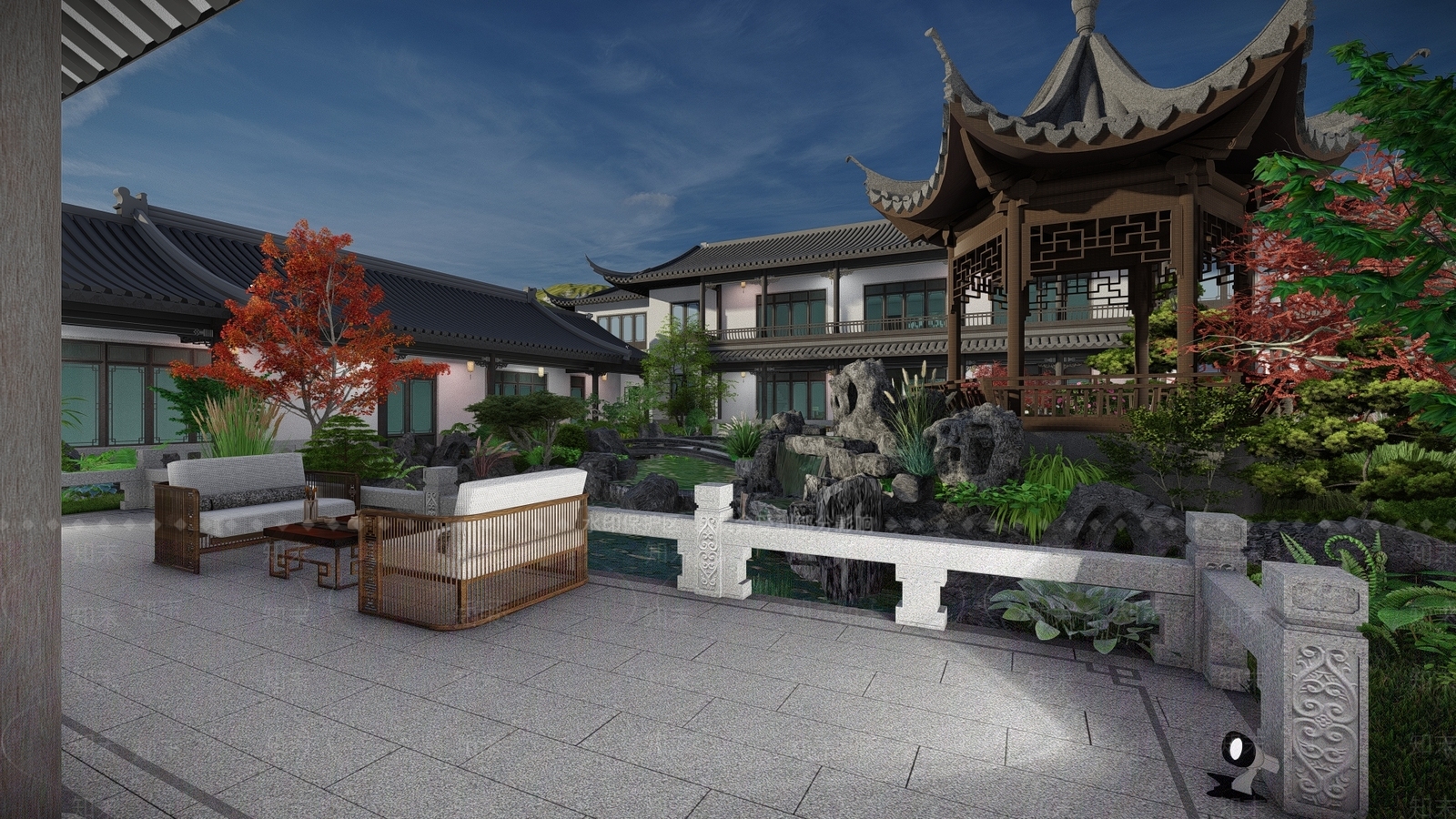 新中式别墅庭院SU模型下载【ID:1193771807】
