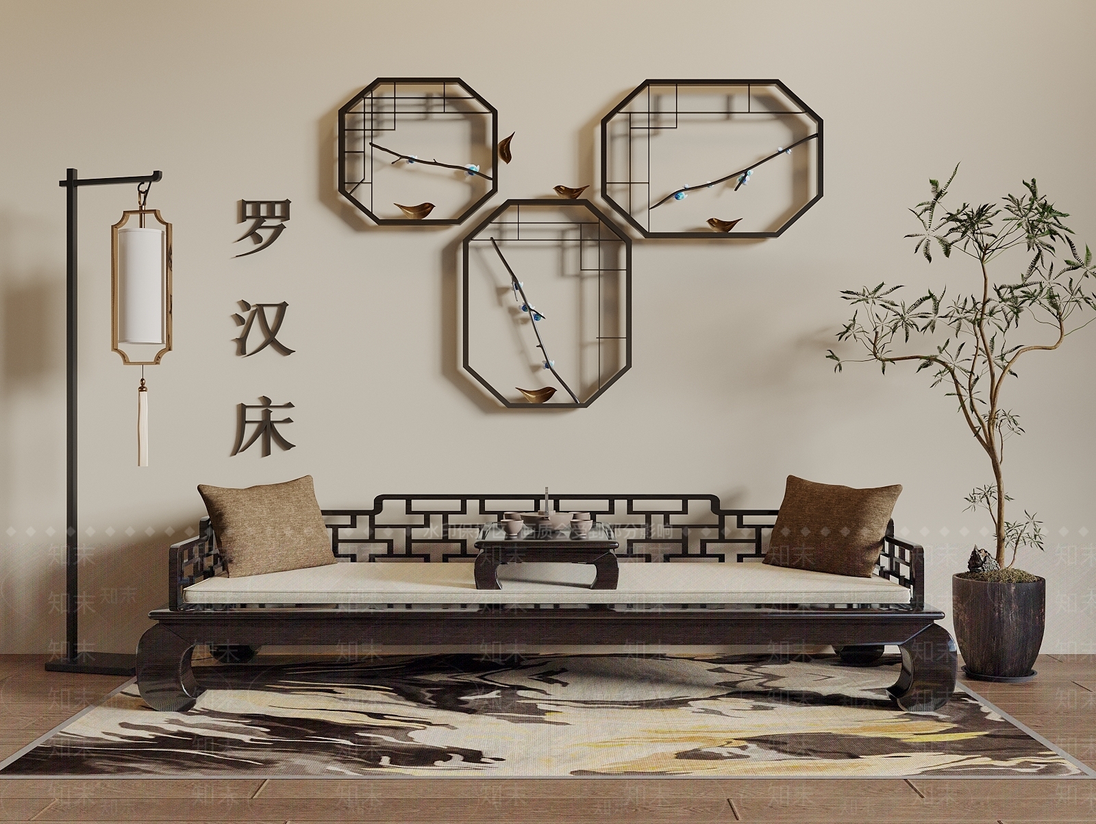 新中式中式罗汉床3D模型下载【ID:1193777036】
