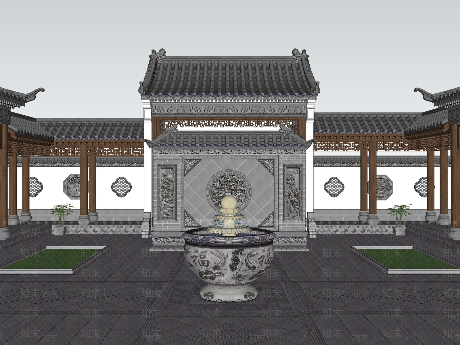 中式新中式四合院SU模型下载【ID:1193863164】