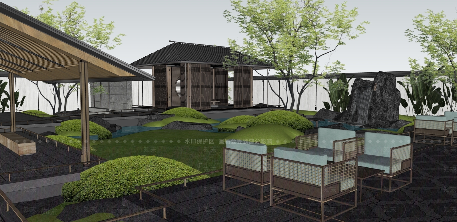 新中式轻奢别墅庭院SU模型下载【ID:1193888631】