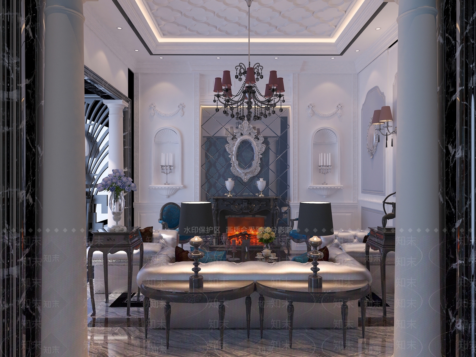 欧式简欧别墅客厅3D模型下载【ID:1193897553】