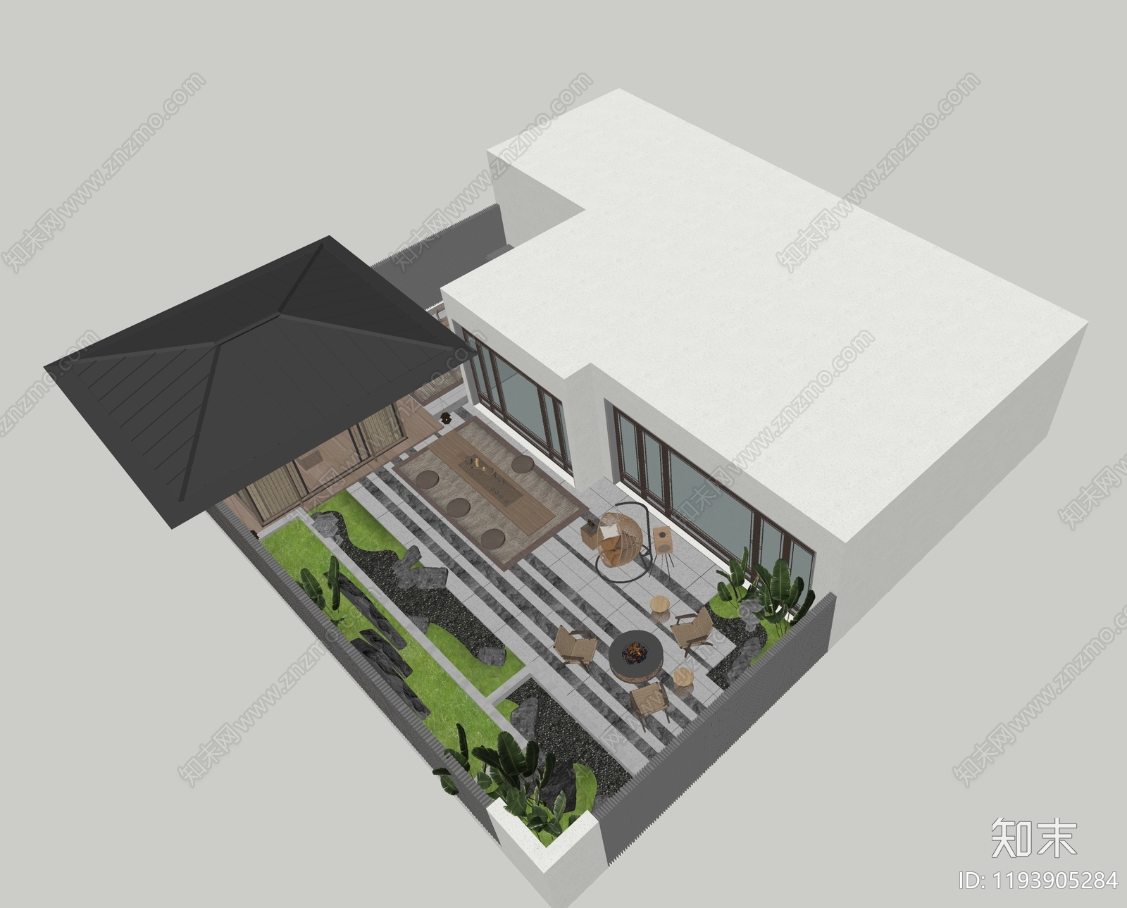 中式轻奢别墅庭院SU模型下载【ID:1193905284】
