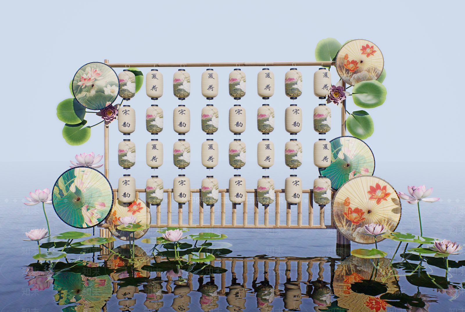 现代新中式夏季美陈SU模型下载【ID:1194020568】