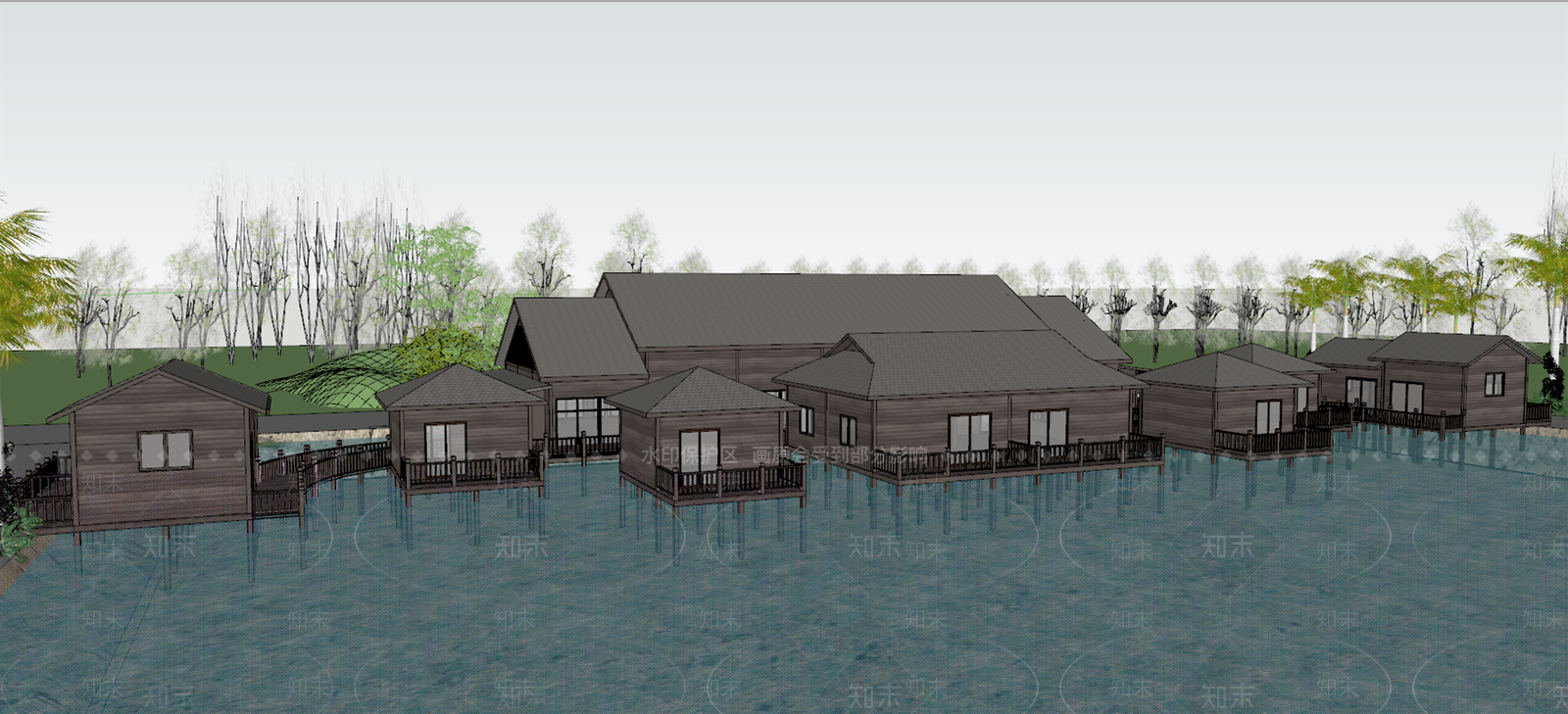现代中式民宿建筑SU模型下载【ID:1194026332】