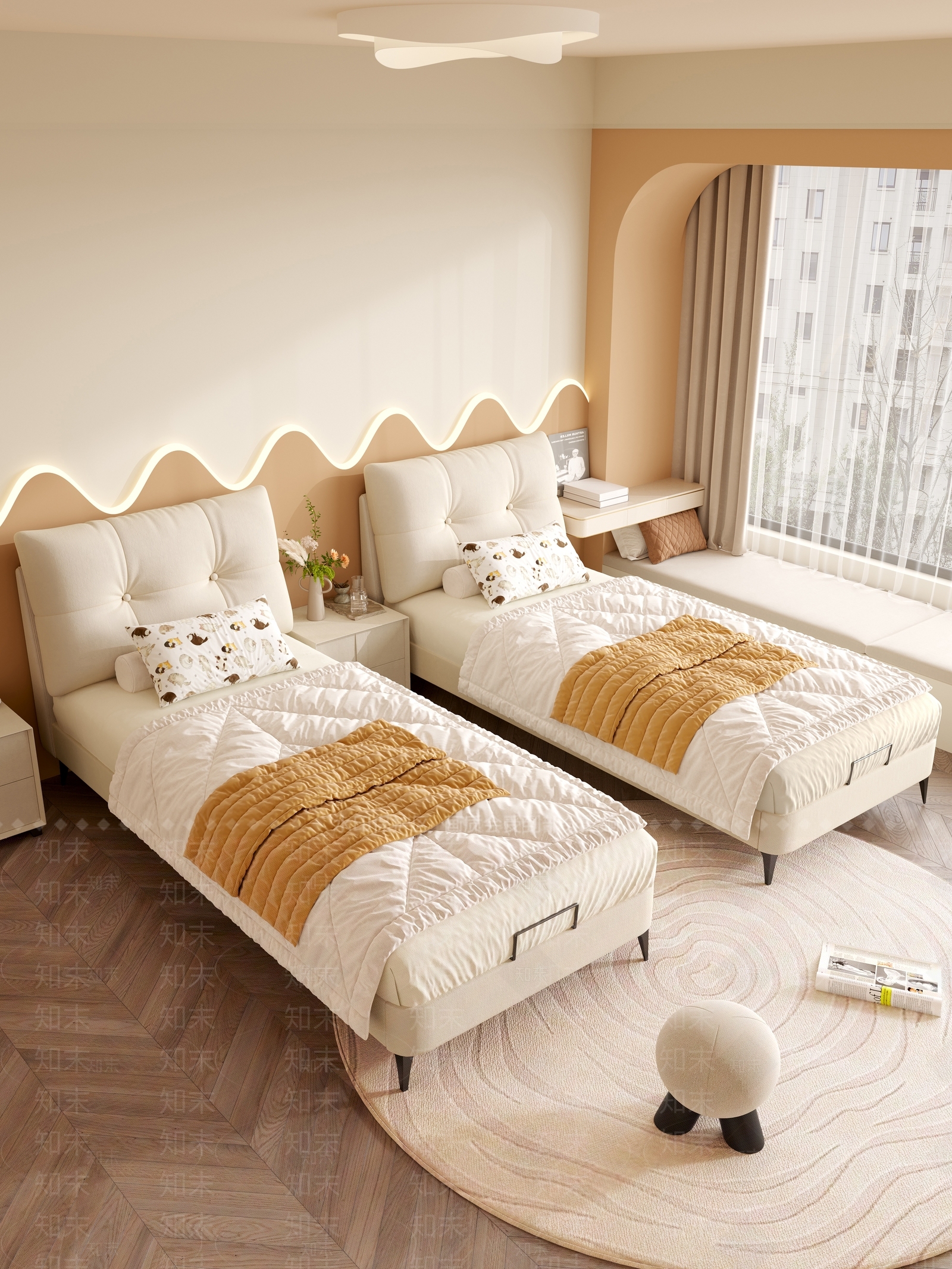 奶油现代单人床3D模型下载【ID:1194027417】