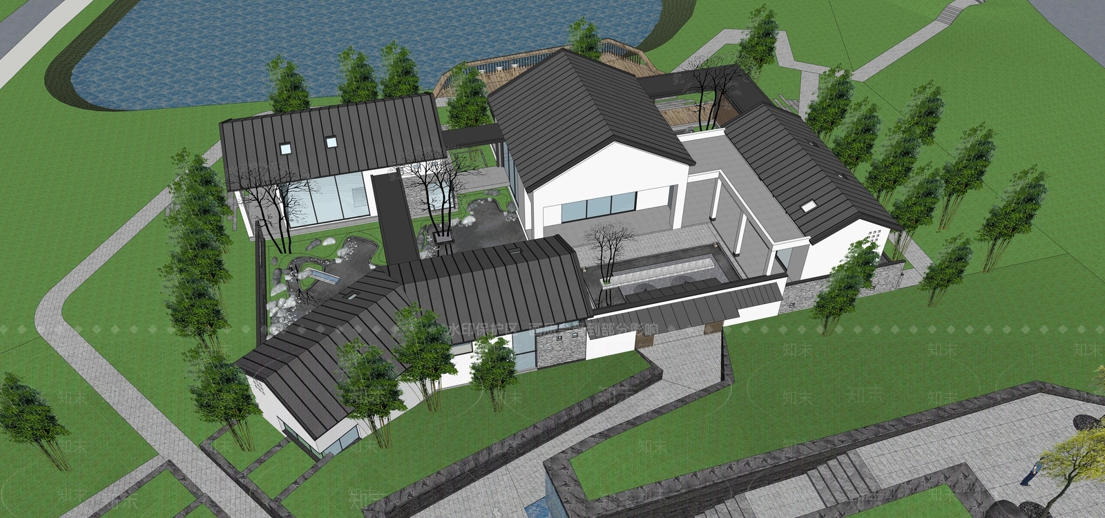 新中式民宿建筑SU模型下载【ID:1194041051】