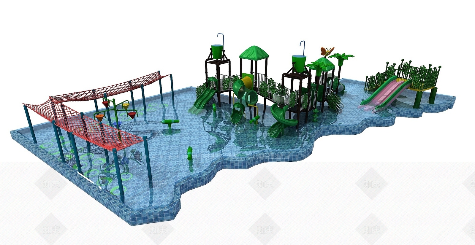 现代儿童乐园水上滑梯儿童泳池3D模型下载【ID:1194045750】