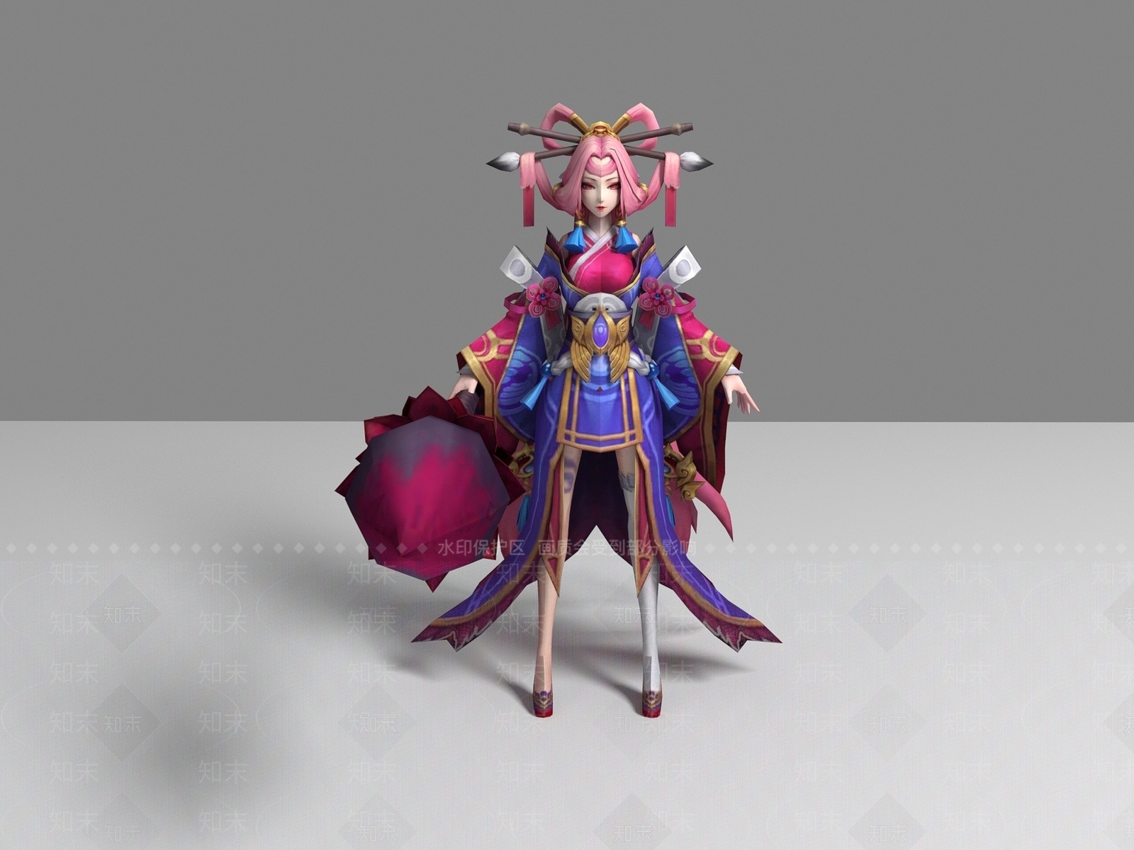 现代游戏角色毛笔美女3D模型下载【ID:1194046678】