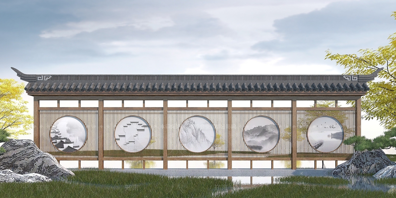中式廊架3D模型下载【ID:1194047422】