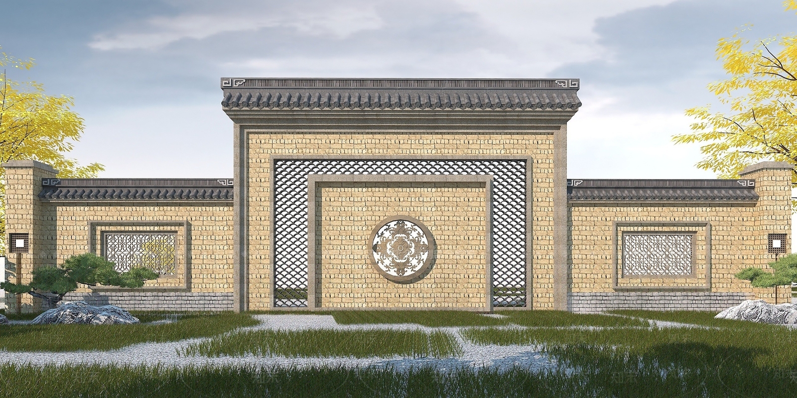 中式园林景观墙3D模型下载【ID:1194048159】