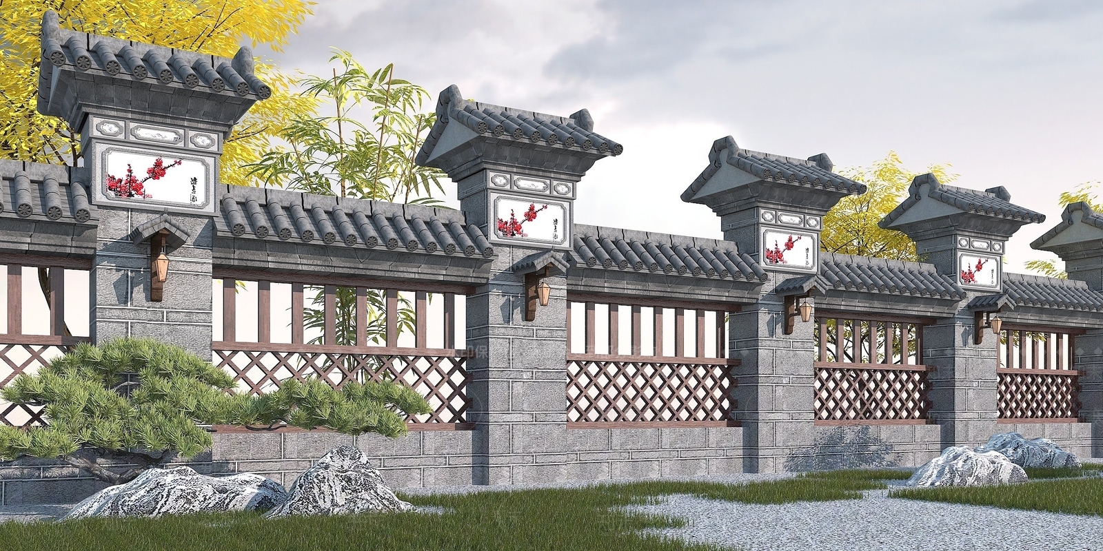 中式围墙3D模型下载【ID:1194051813】