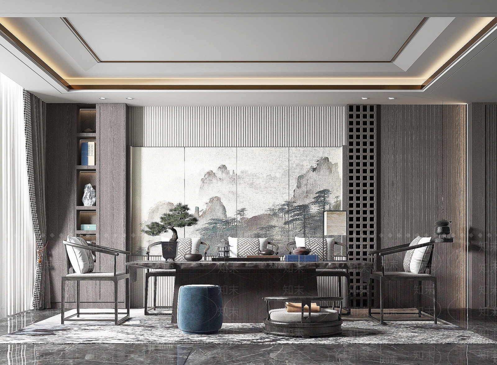 新中式风格书房3D模型下载【ID:1194053355】