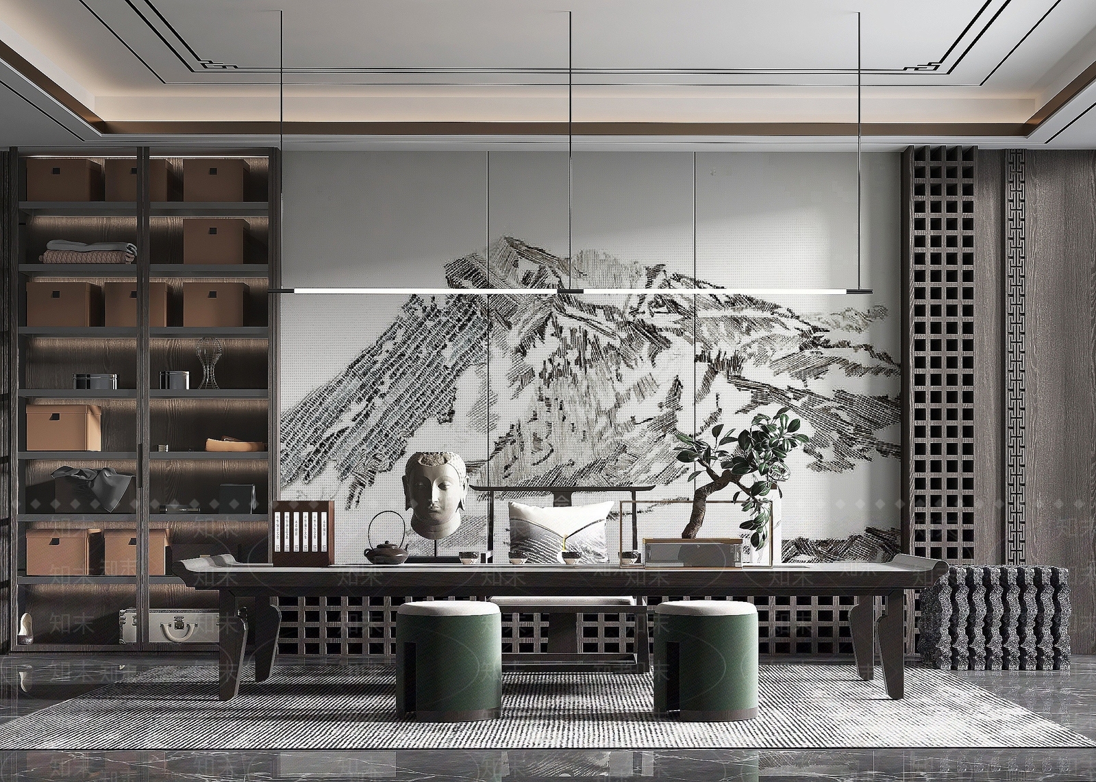 新中式风格书房3D模型下载【ID:1194053586】