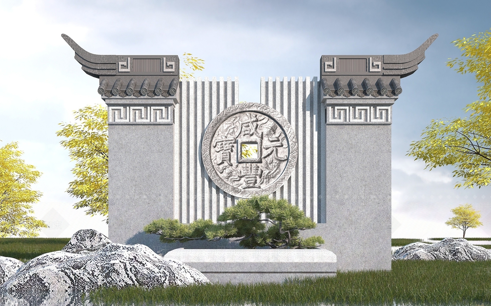 中式雕塑墙3D模型下载【ID:1194059153】