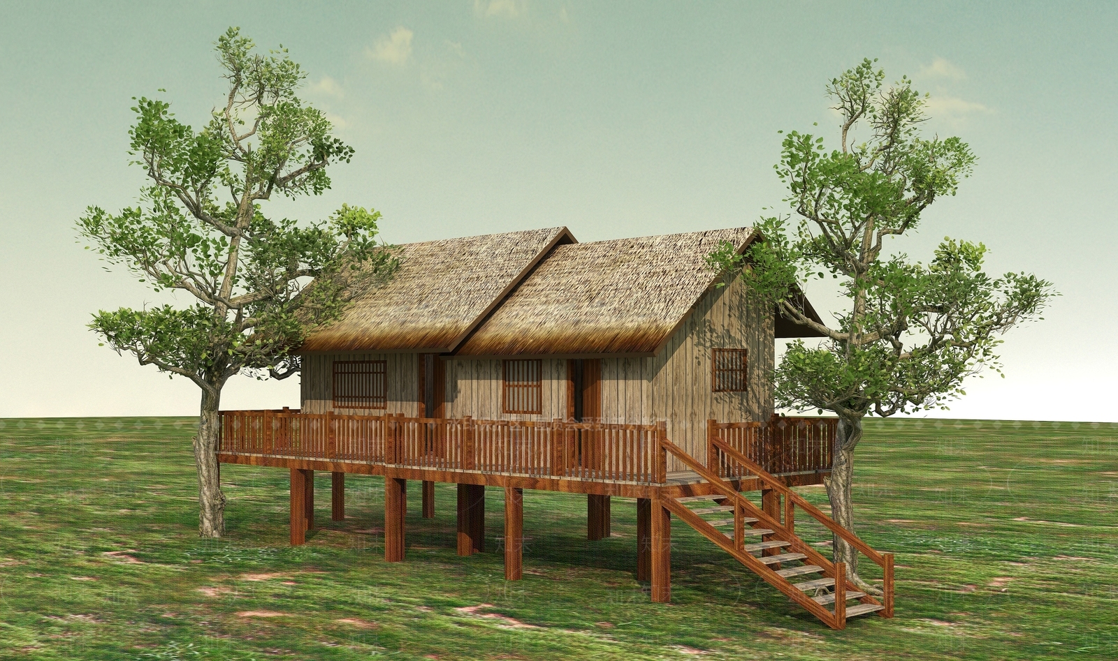 中式现代毛草房3D模型下载【ID:1194067173】