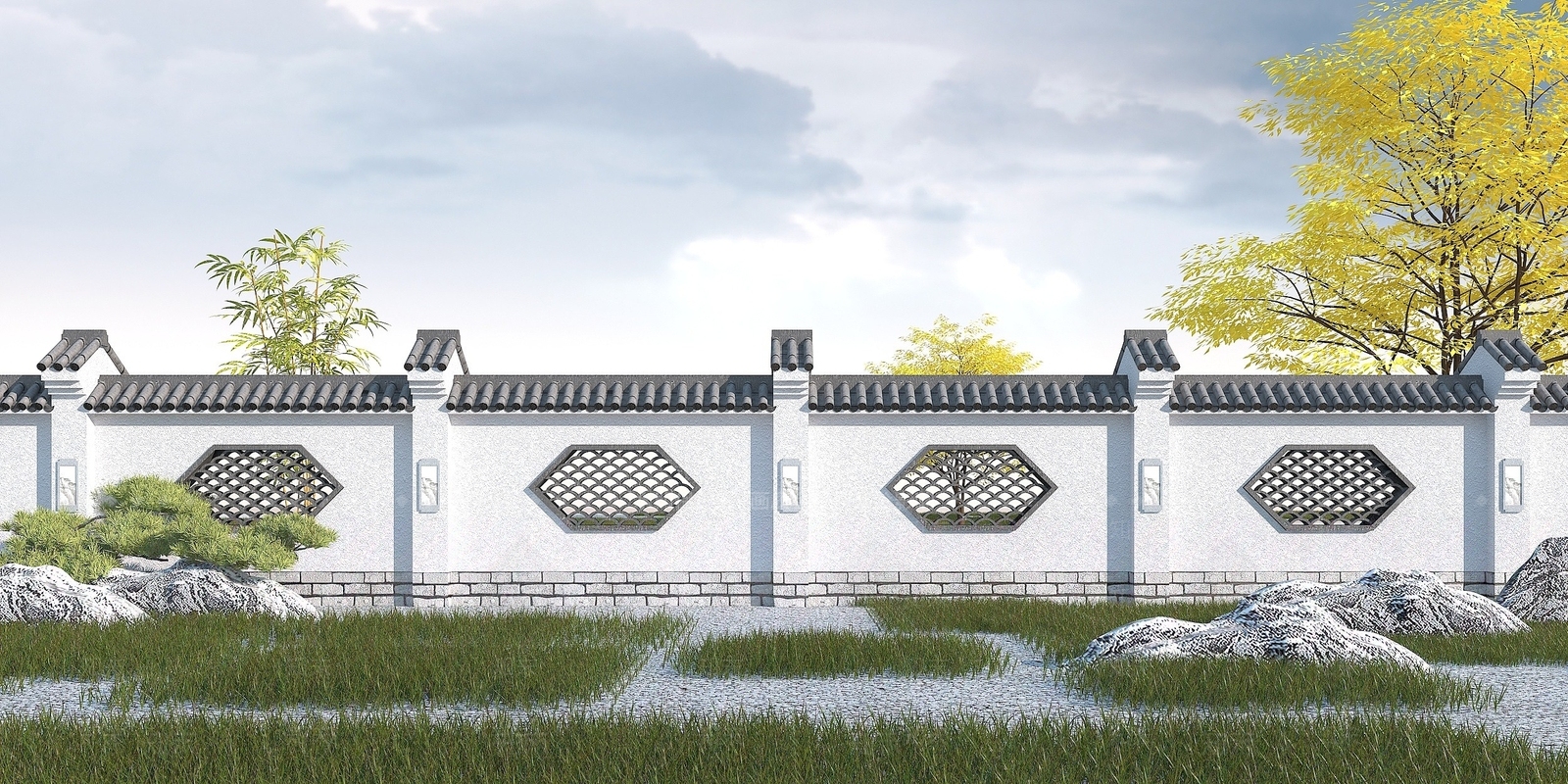 现代古建围墙3D模型下载【ID:1194068591】