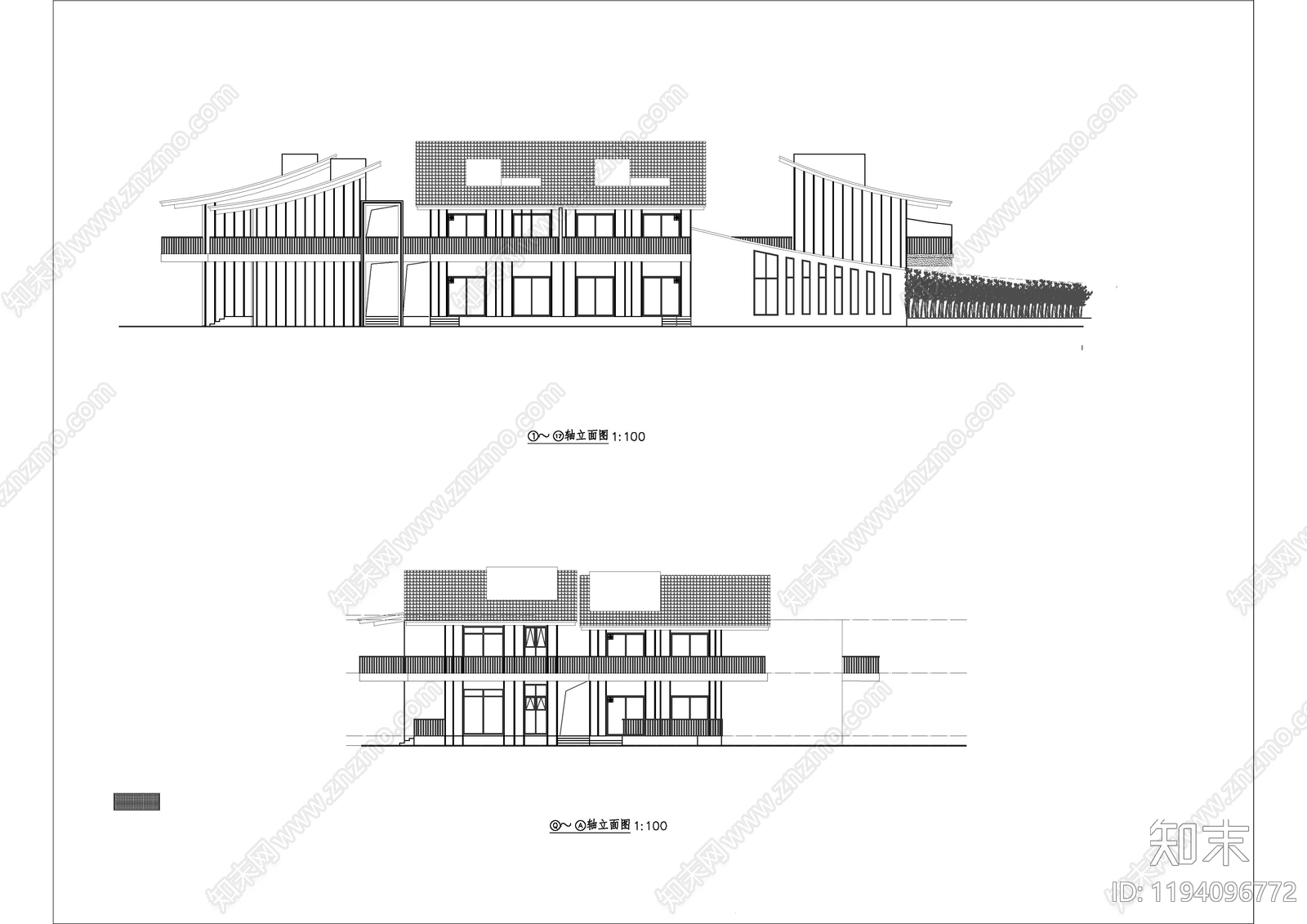 新中式民宿建筑cad施工图下载【ID:1194096772】