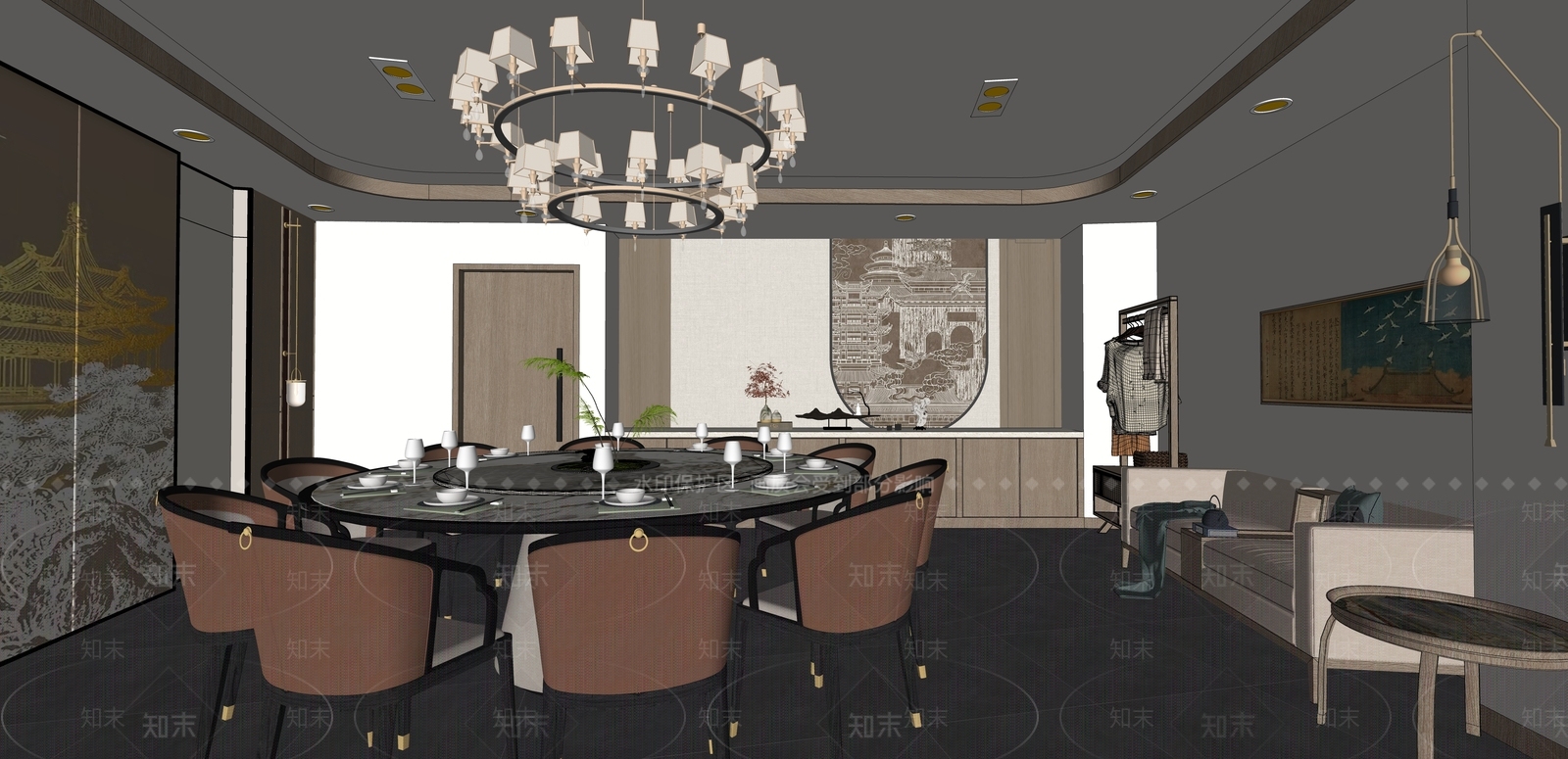 新中式现代包厢SU模型下载【ID:1194099368】
