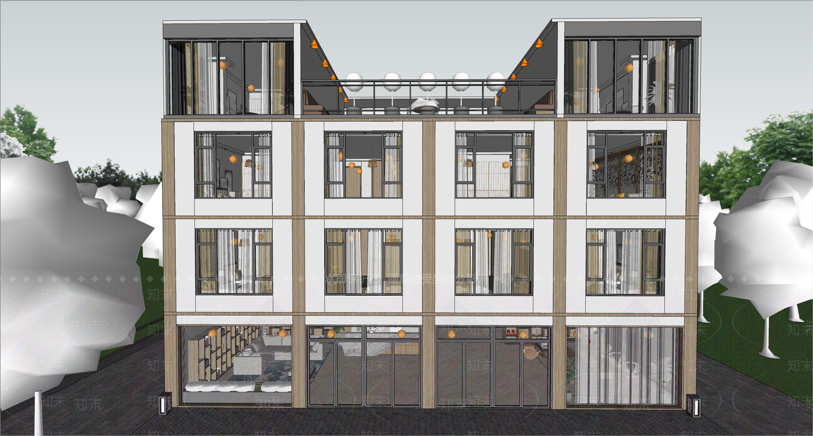 新中式中式民宿建筑SU模型下载【ID:1194130218】