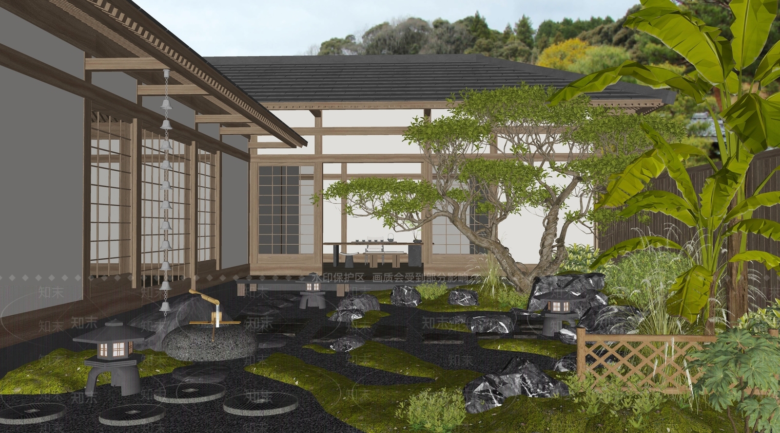 日式禅意乡村庭院SU模型下载【ID:1194193124】