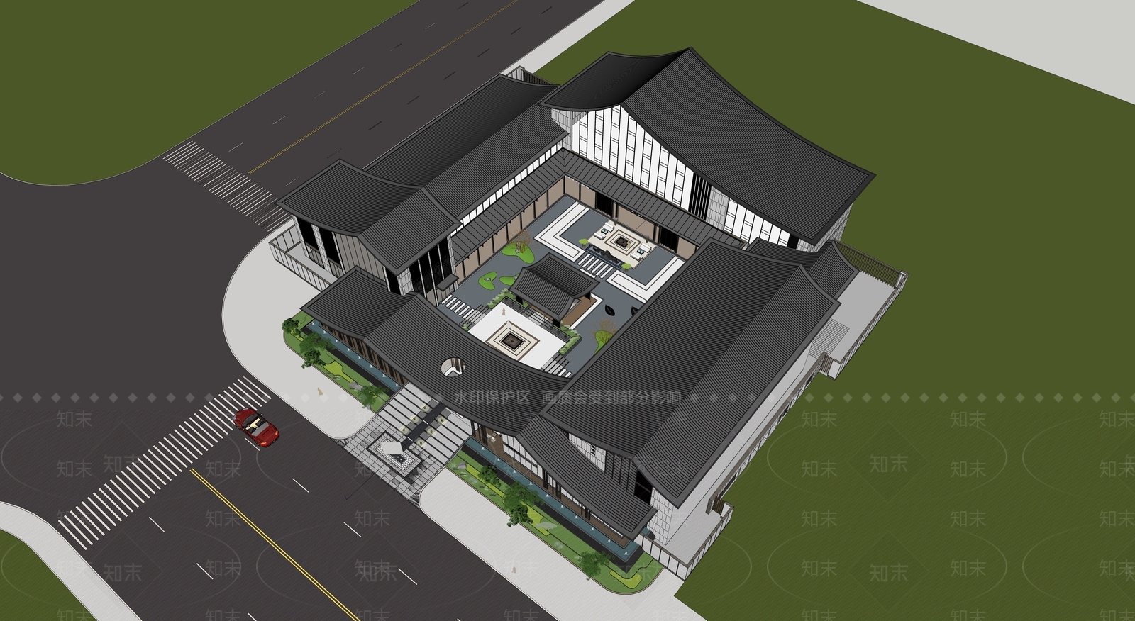 新中式中式民宿建筑SU模型下载【ID:1194196987】