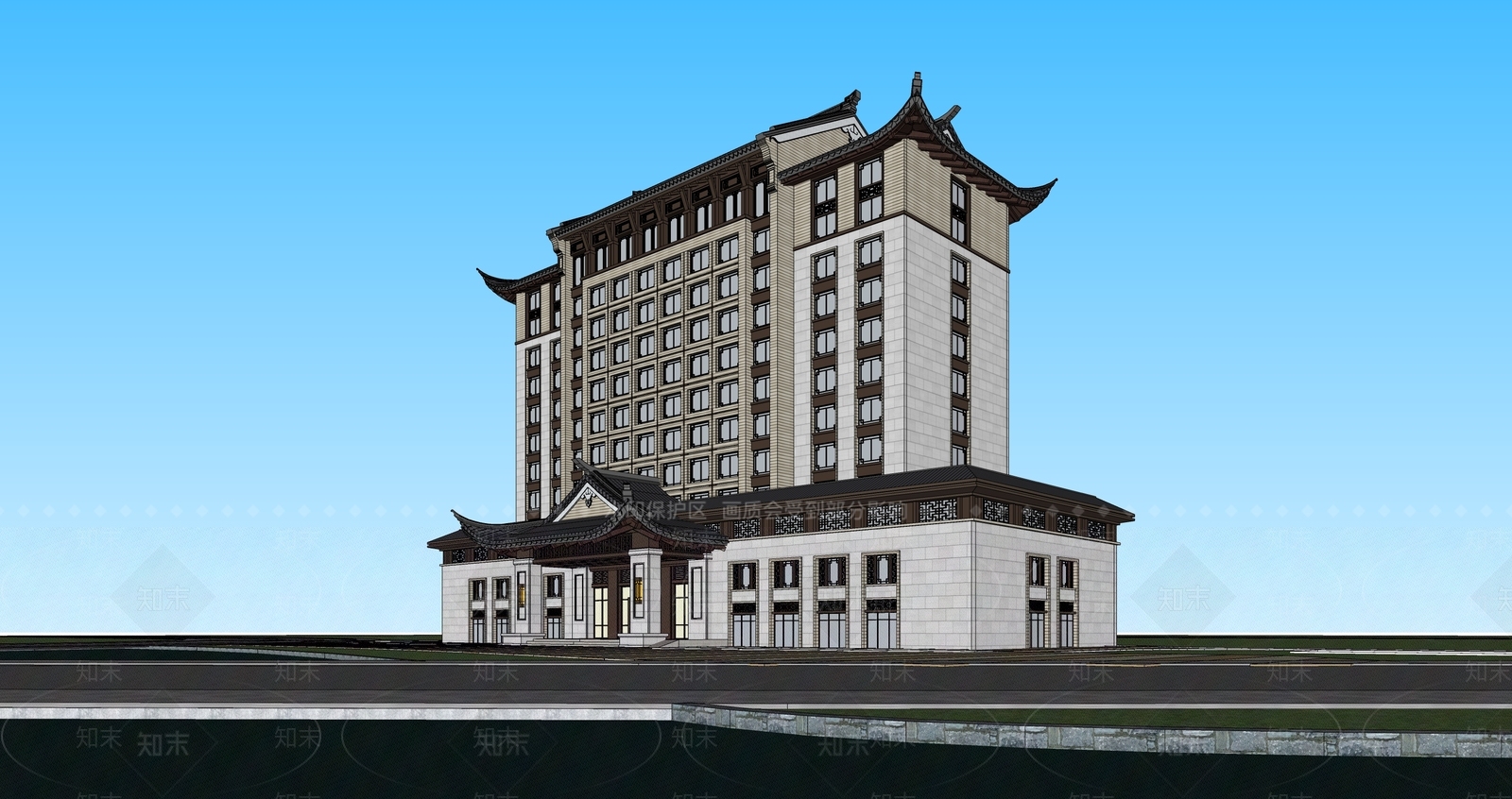 新中式中式酒店建筑SU模型下载【ID:1194201401】