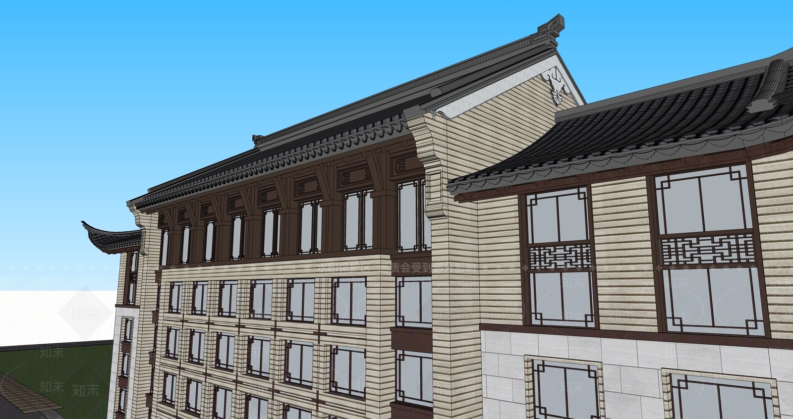 新中式中式酒店建筑SU模型下载【ID:1194201401】